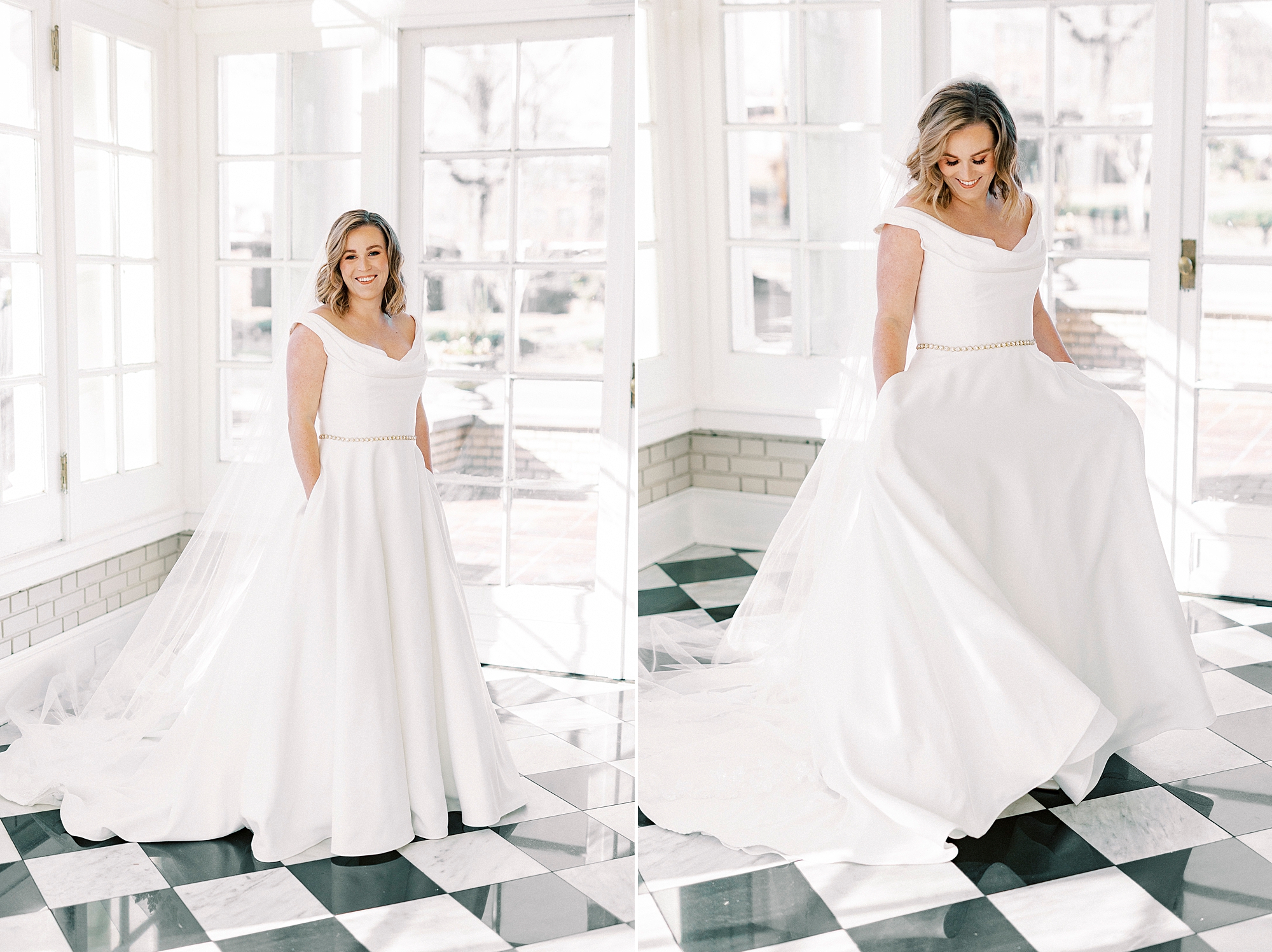 bride twirls in wedding dress in sunroom with black and white tile floor at Separk Mansion