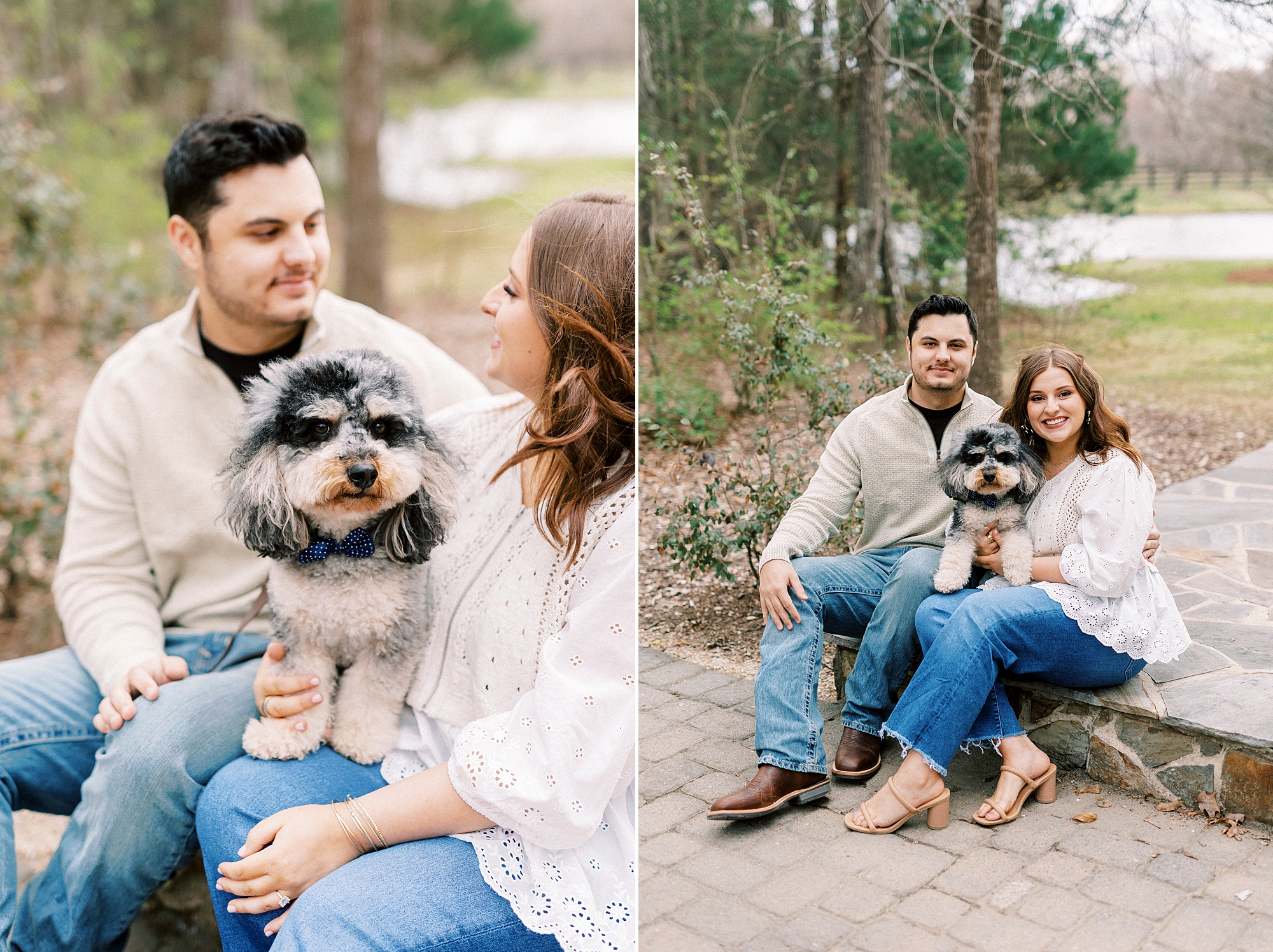 couple poses with dog during engagement session at Morning Glory Farm