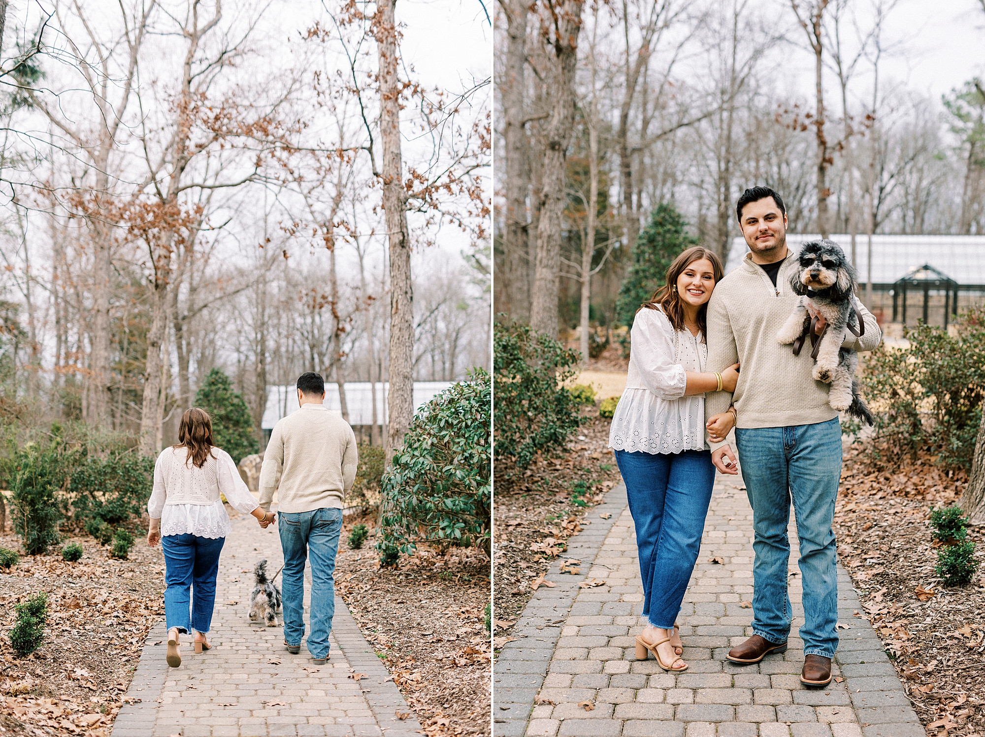 couple holds dogs and walks him outside greenhouse at Morning Glory Farm