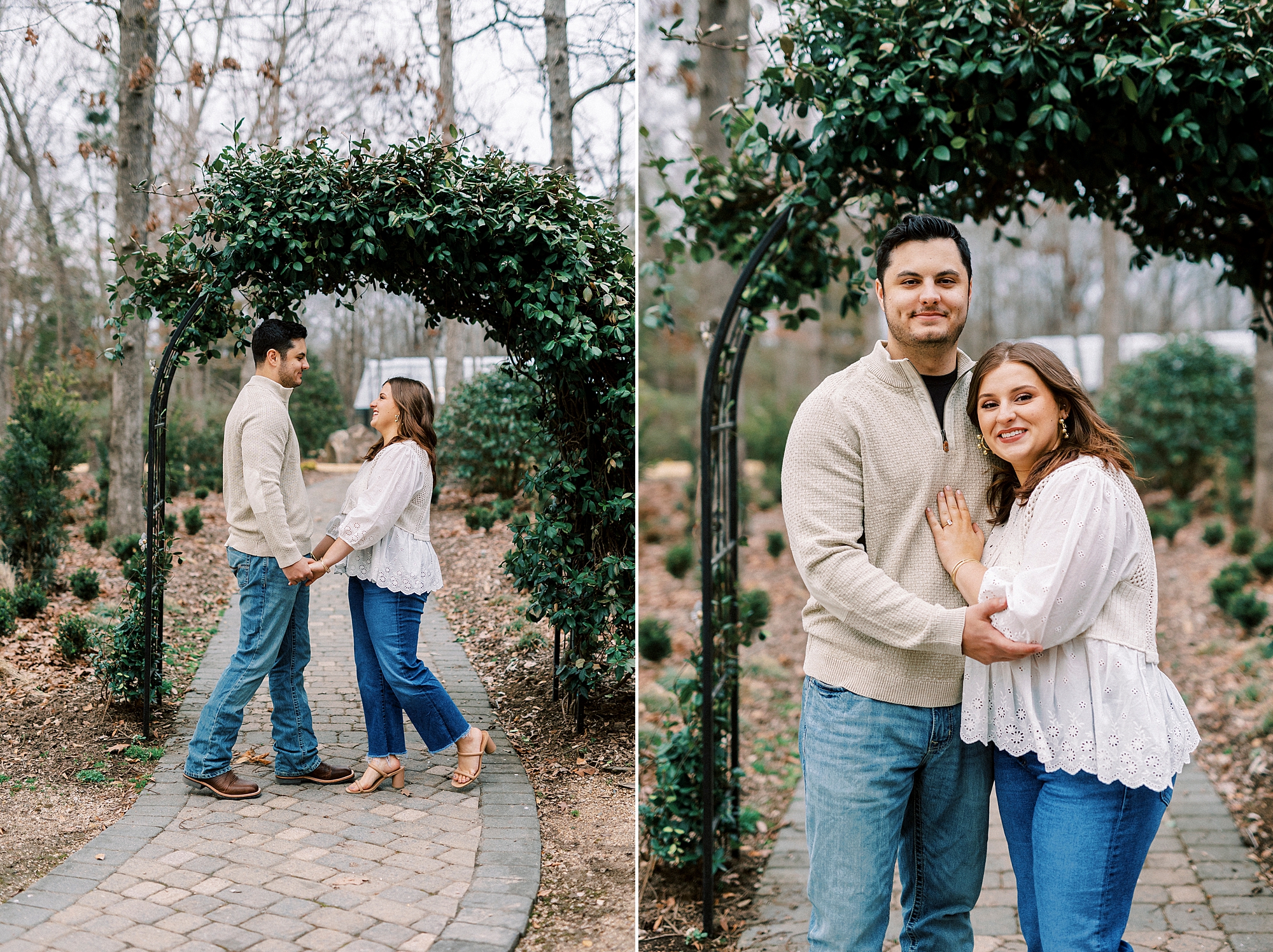couple holds hands under arbor at Morning Glory Farm