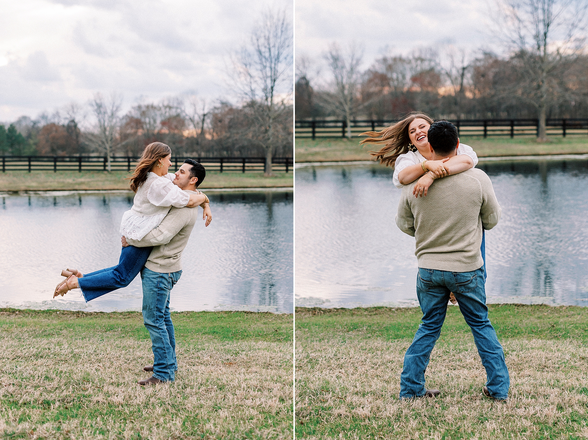 man swings woman around during engagement session at Morning Glory Farm