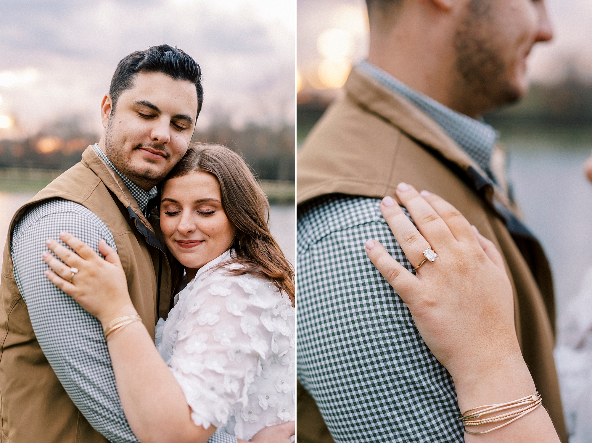 woman leans on man's chest holding his shoulder 