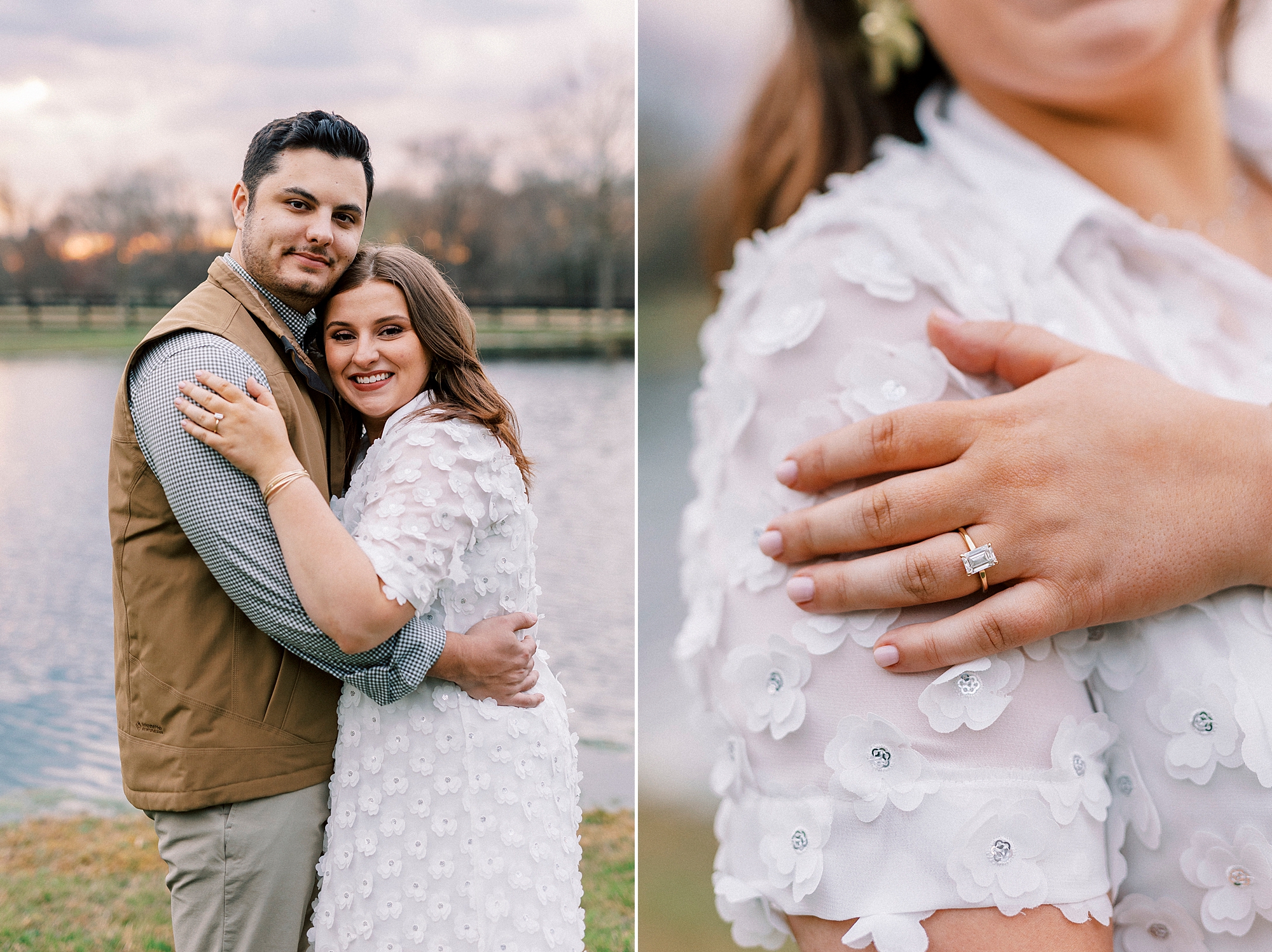 man holds woman in white dress while she shows off engagement ring on her shoulder 
