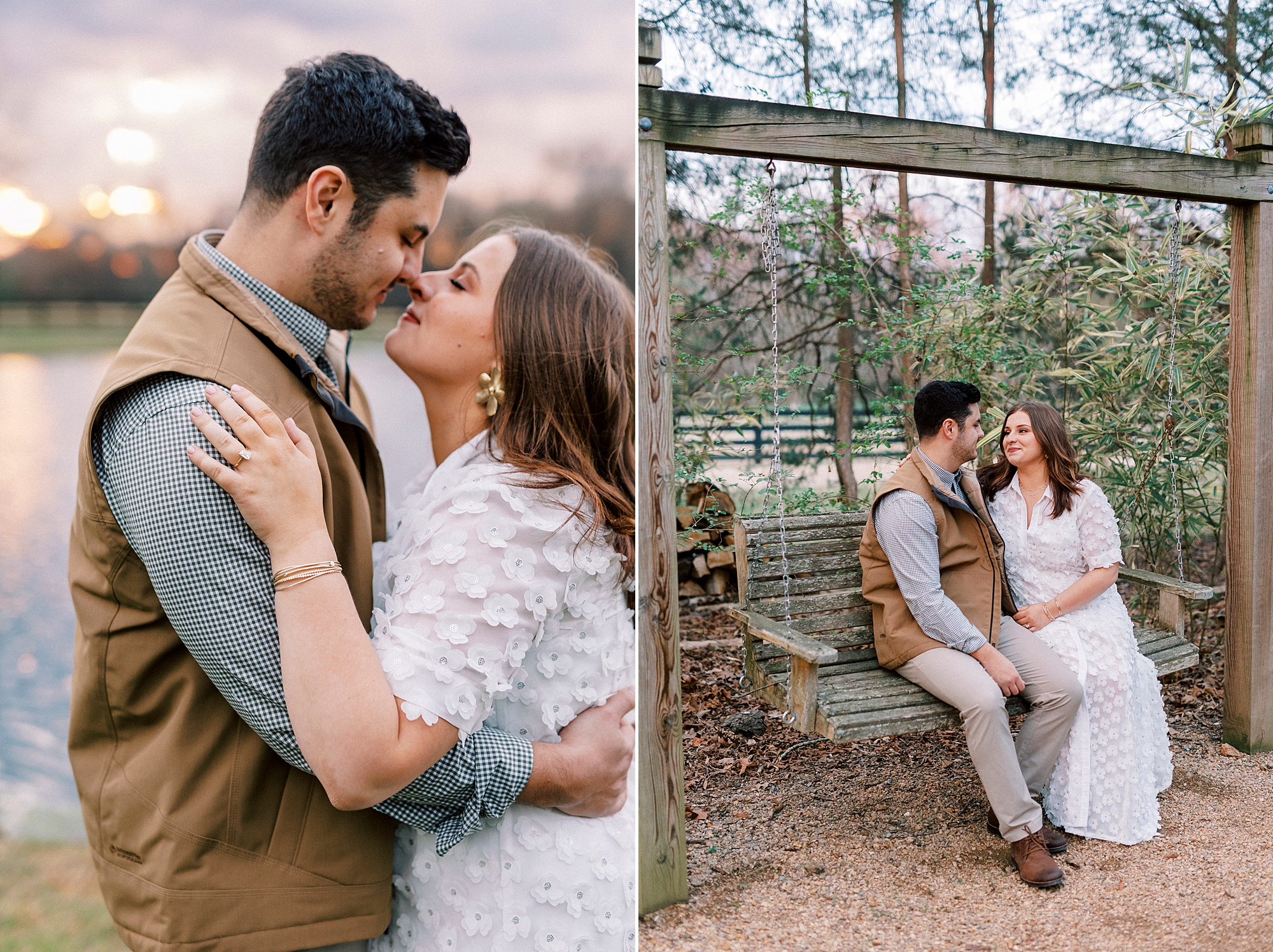 couple leans together nuzzling noses during sunset portraits at Morning Glory Farm