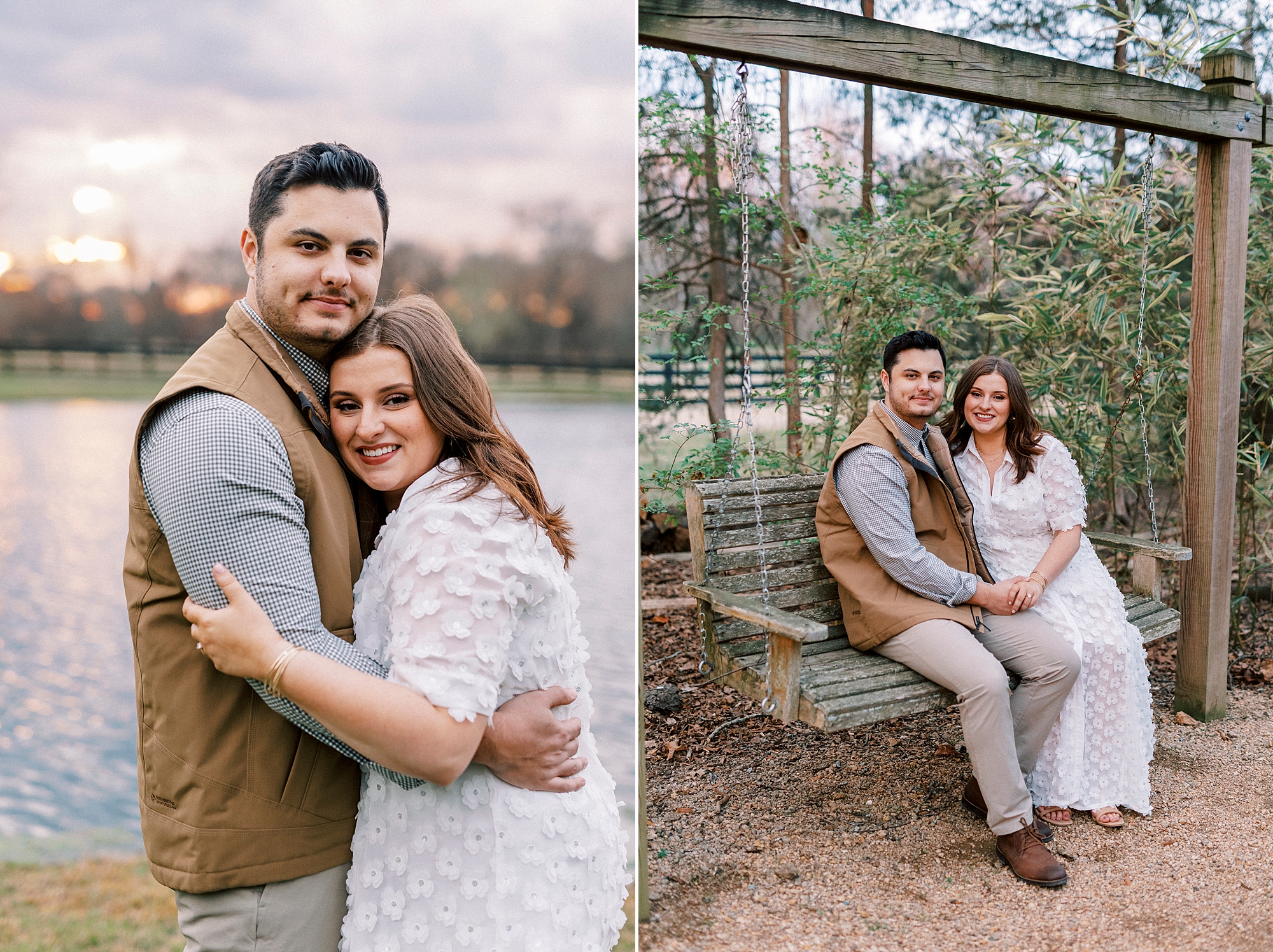 couple sits on wooden swing during engagement session at Morning Glory Farm