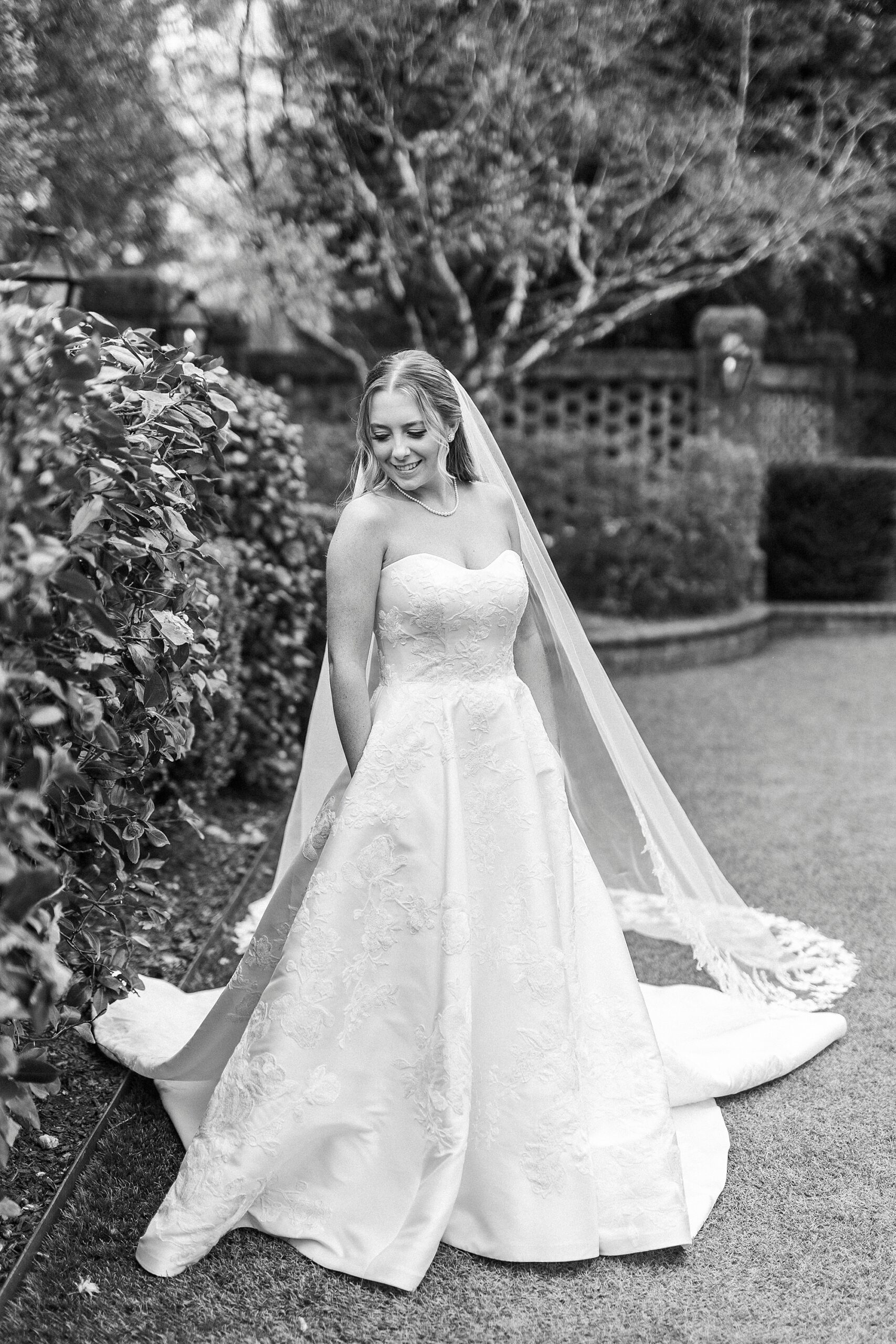 classic southern bridal portrait of bride looking over shoulder with veil pulled out behind her