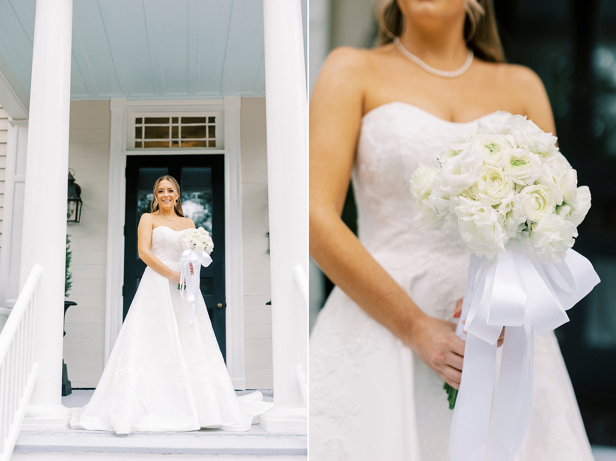 bride stands on front porch of the Southerland holding all white bouquet with trailing white ribbon