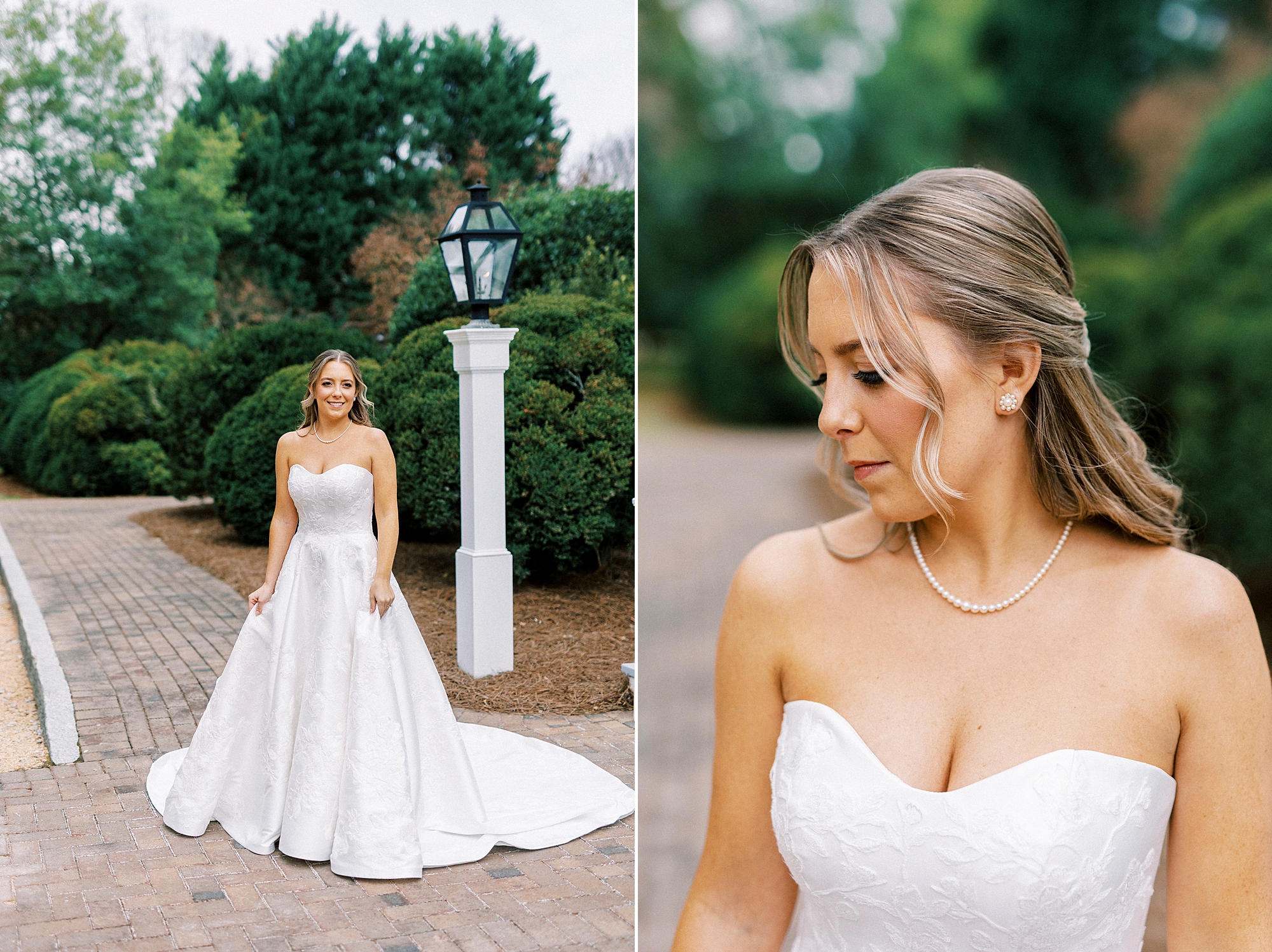 bride looks over shoulder in strapless gown on brick pathway at Wake Forest historic home