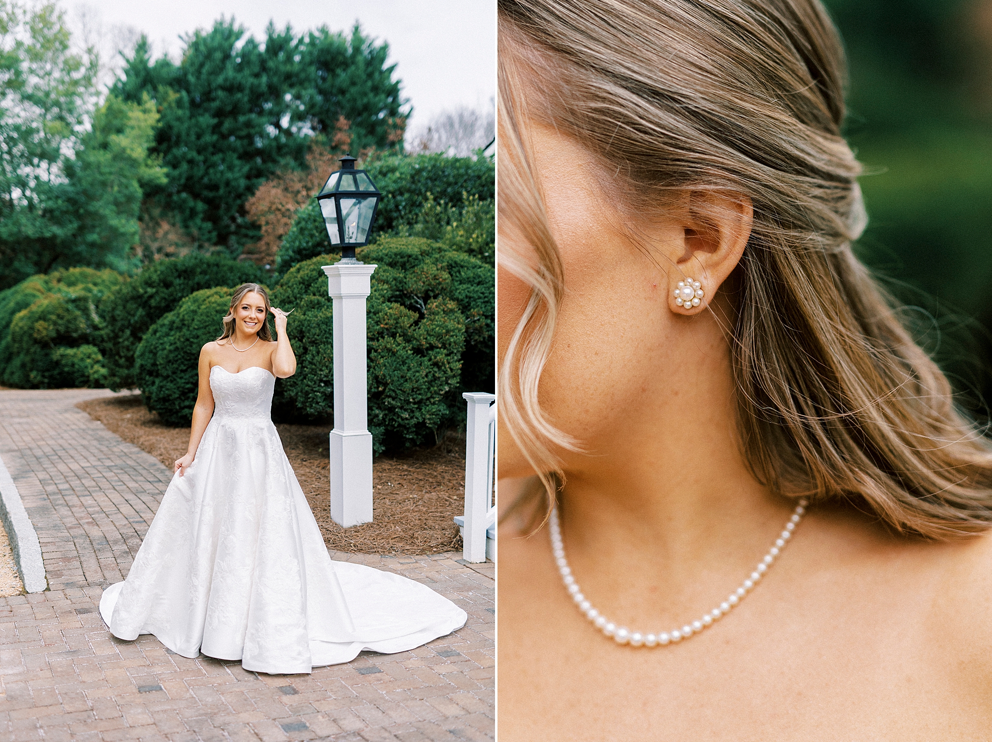 closeup of bride's flower earring and pearl necklace 