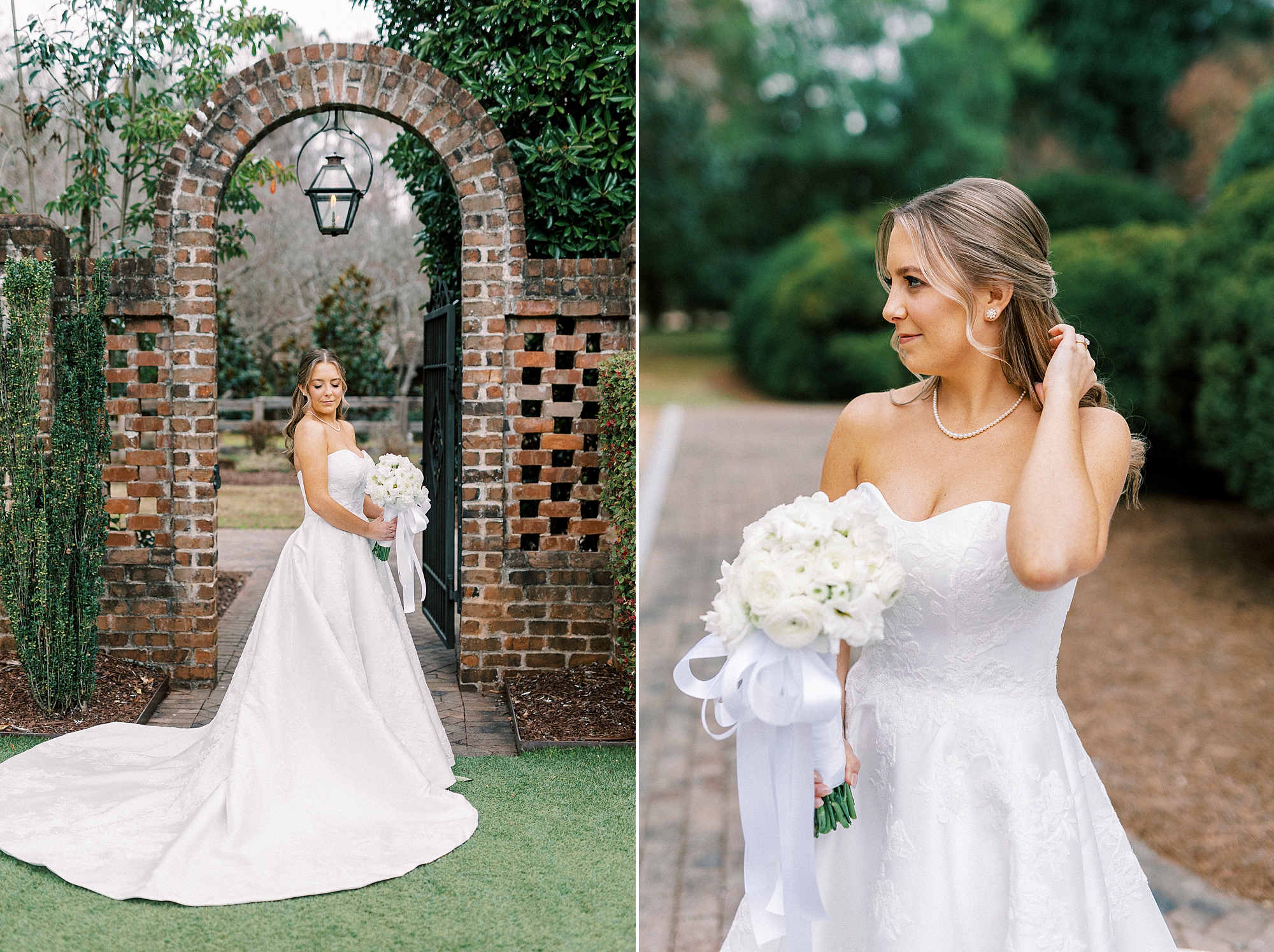 bride pulls hair behind her shoulder holding bouquet of white flowers during bridal portraits
