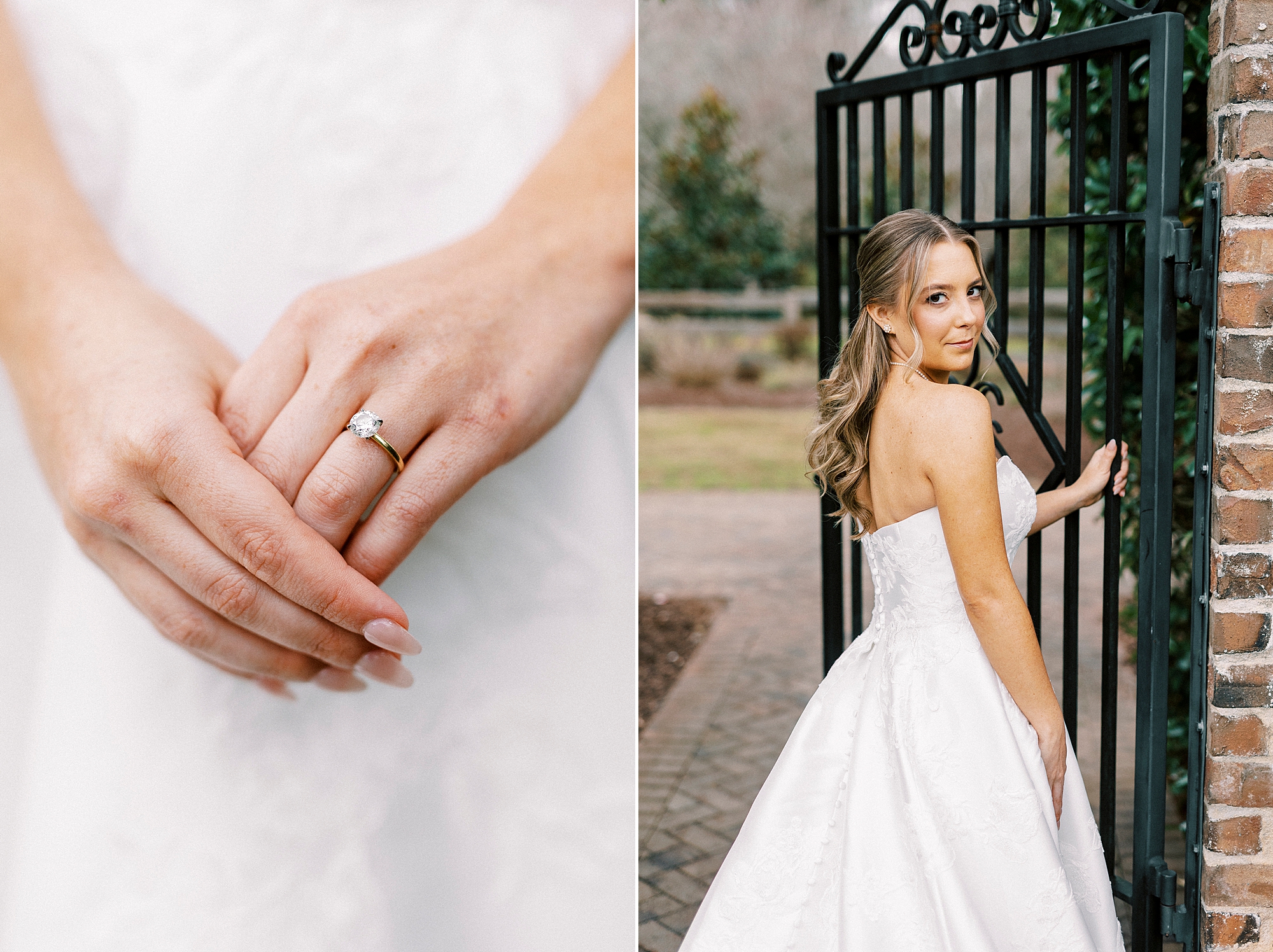 bride leans against wrought iron fence at Wake Forest historic home