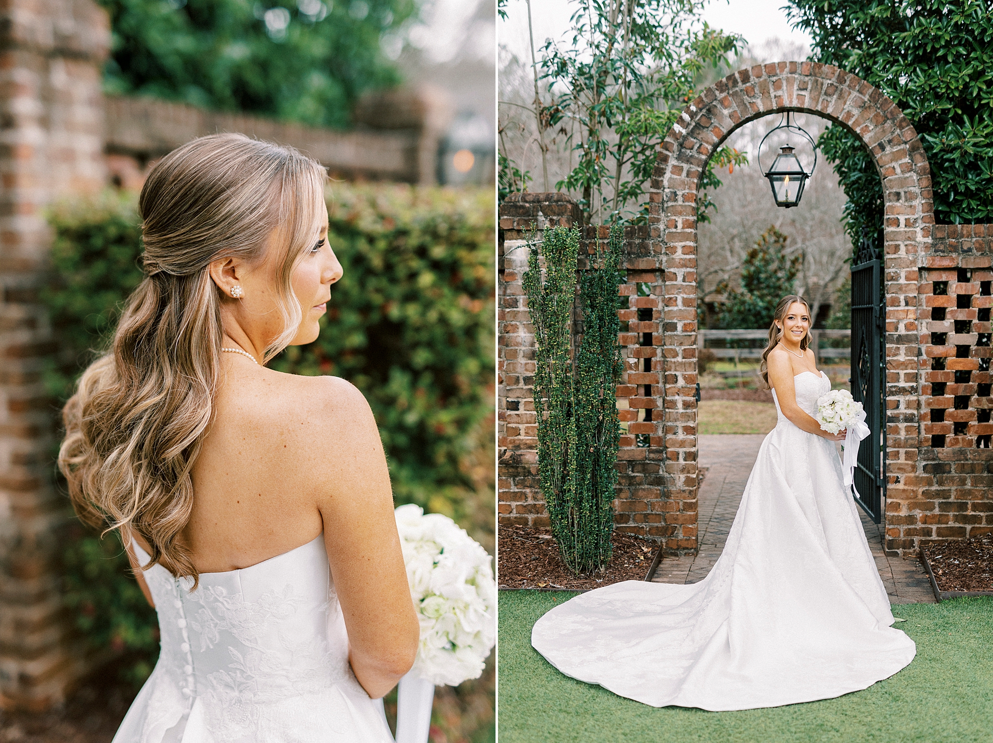 bride holds bouquet of white flowers in strapless wedding gown