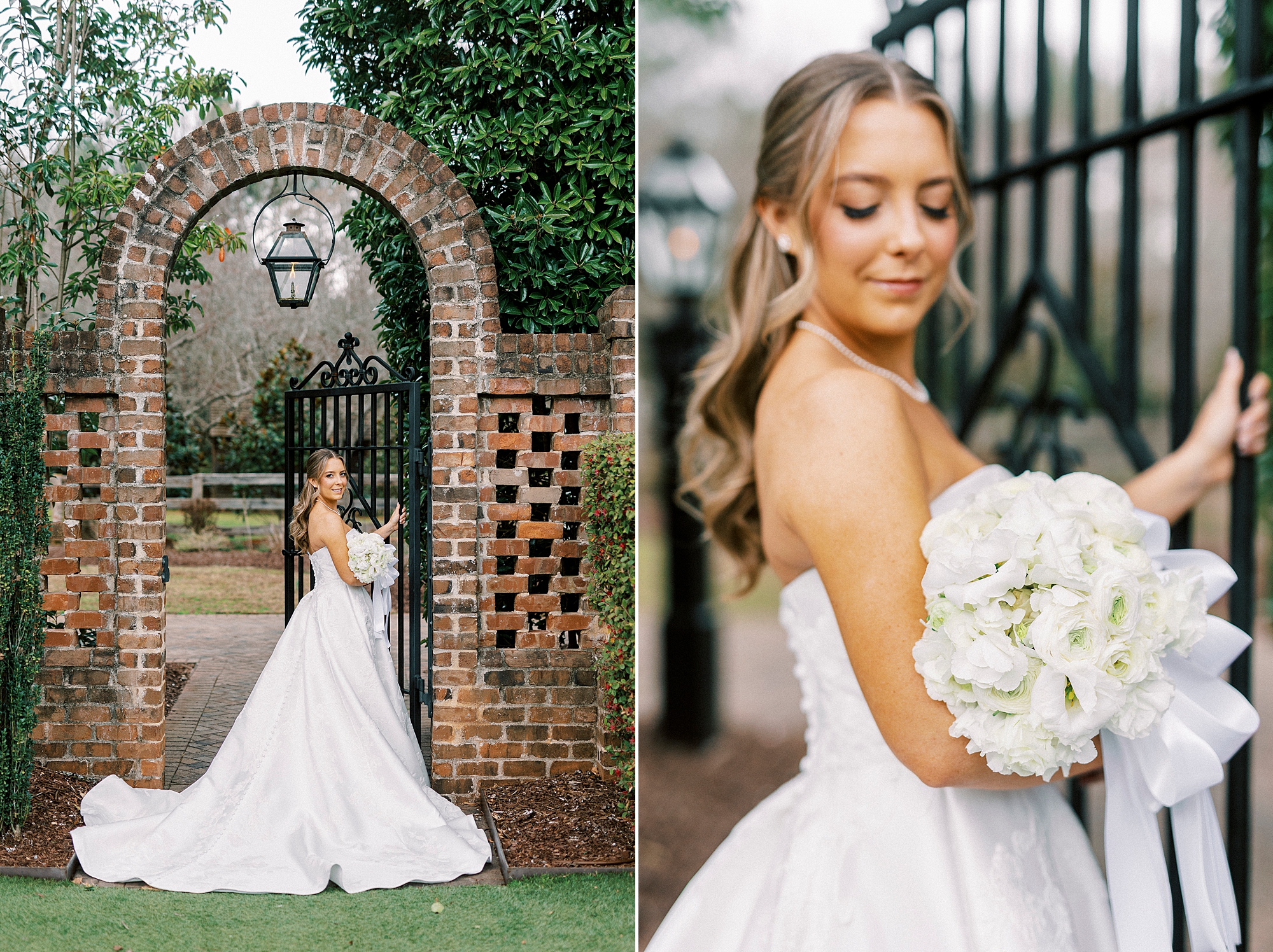 bride holds bouquet of white flowers looking down at them in her arms