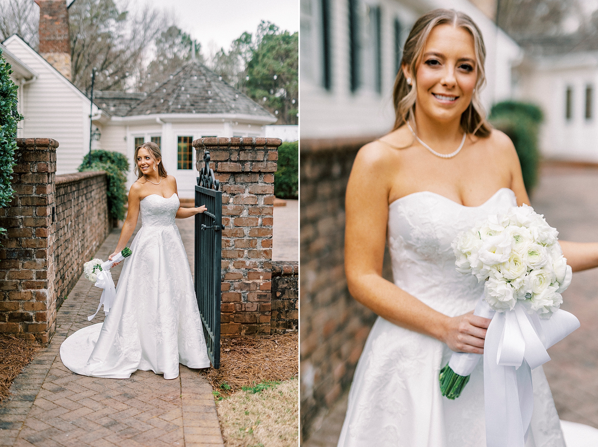 bride stands in front of gate with wrought iron fence at Wake Forest historic home