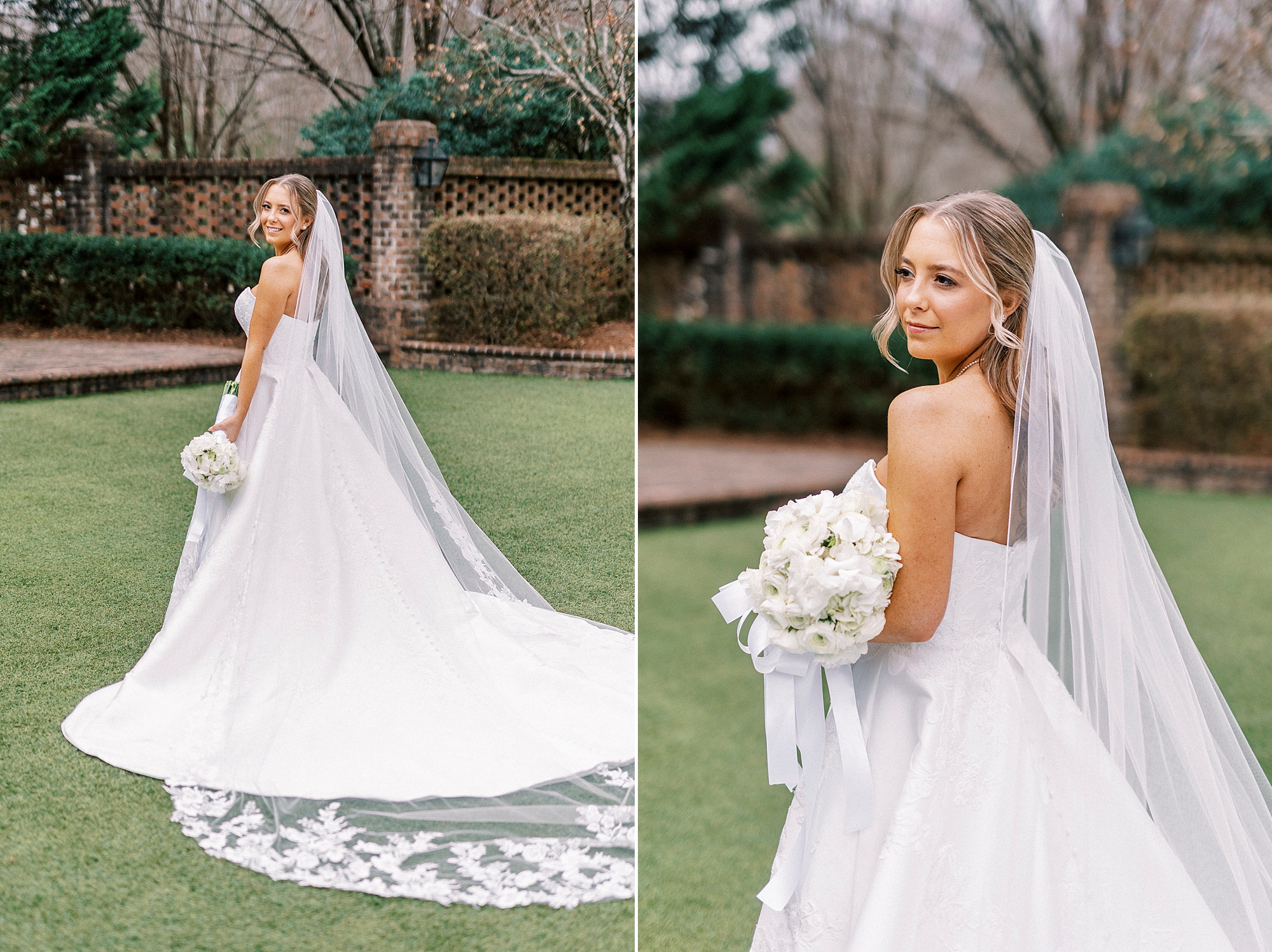 classic bridal portraits at the Sutherland on courtyard with veil pulled out behind her