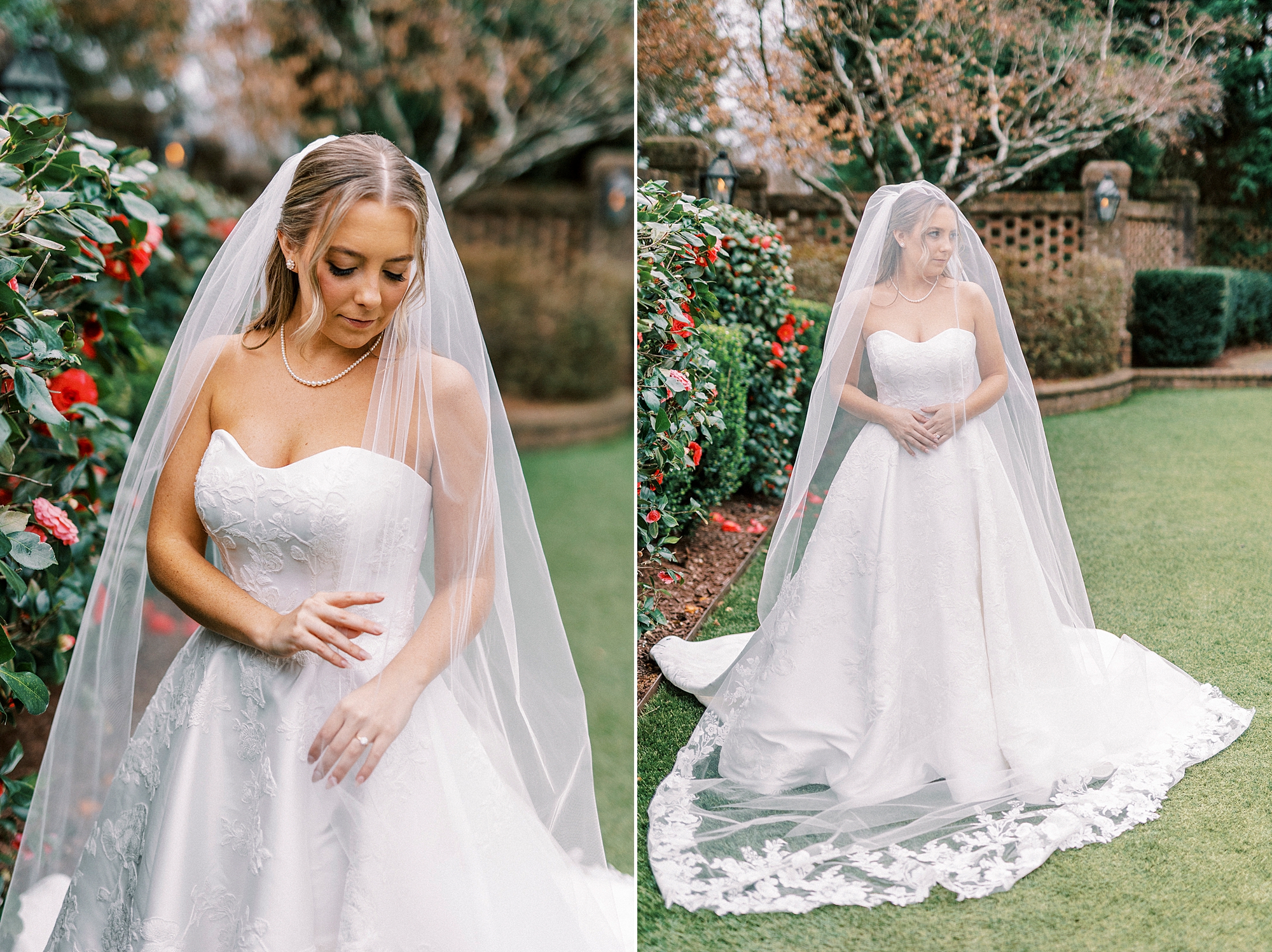 bride pulls veil around her arms in courtyard of bridal portraits at the Sutherland