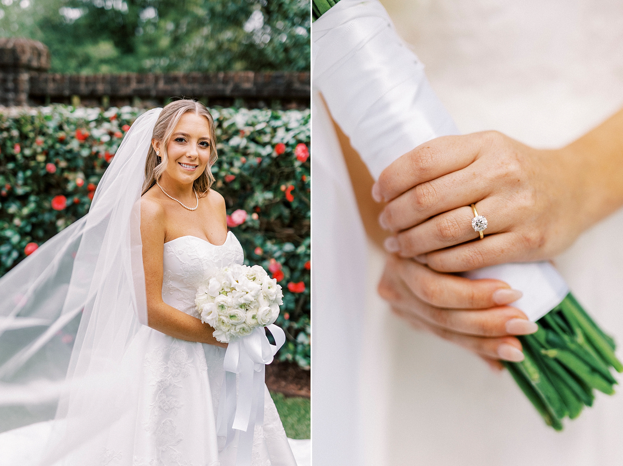 bride holds white ribbon on bouquet of flowers during bridal session