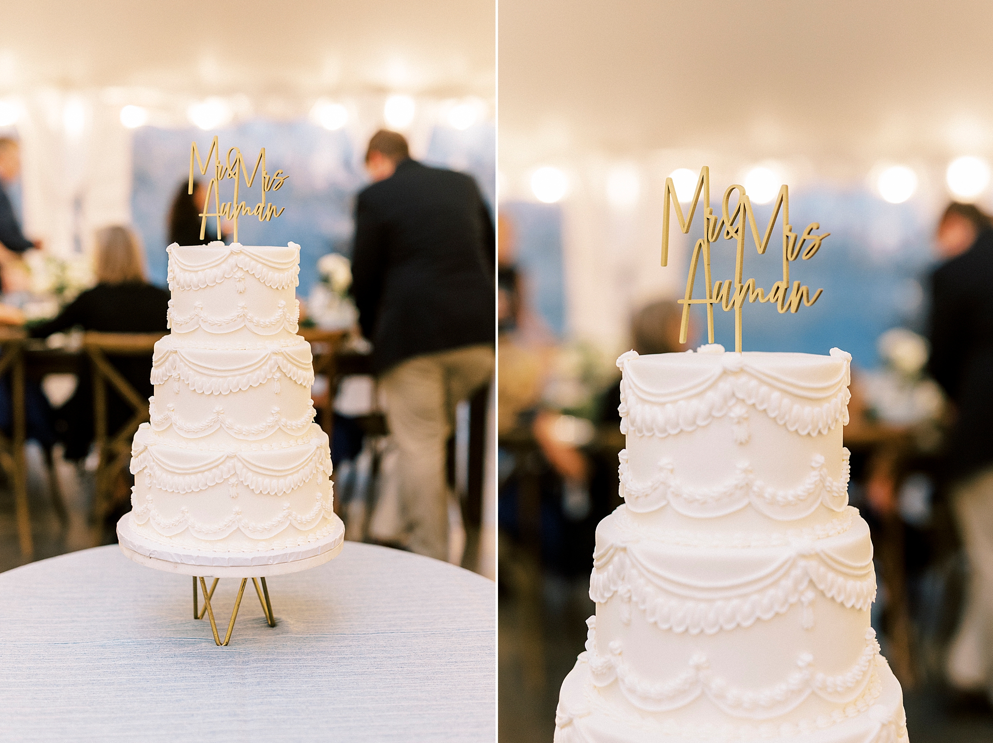 tiered wedding cake with custom gold cake topper in tented wedding reception at Summerfield Farms