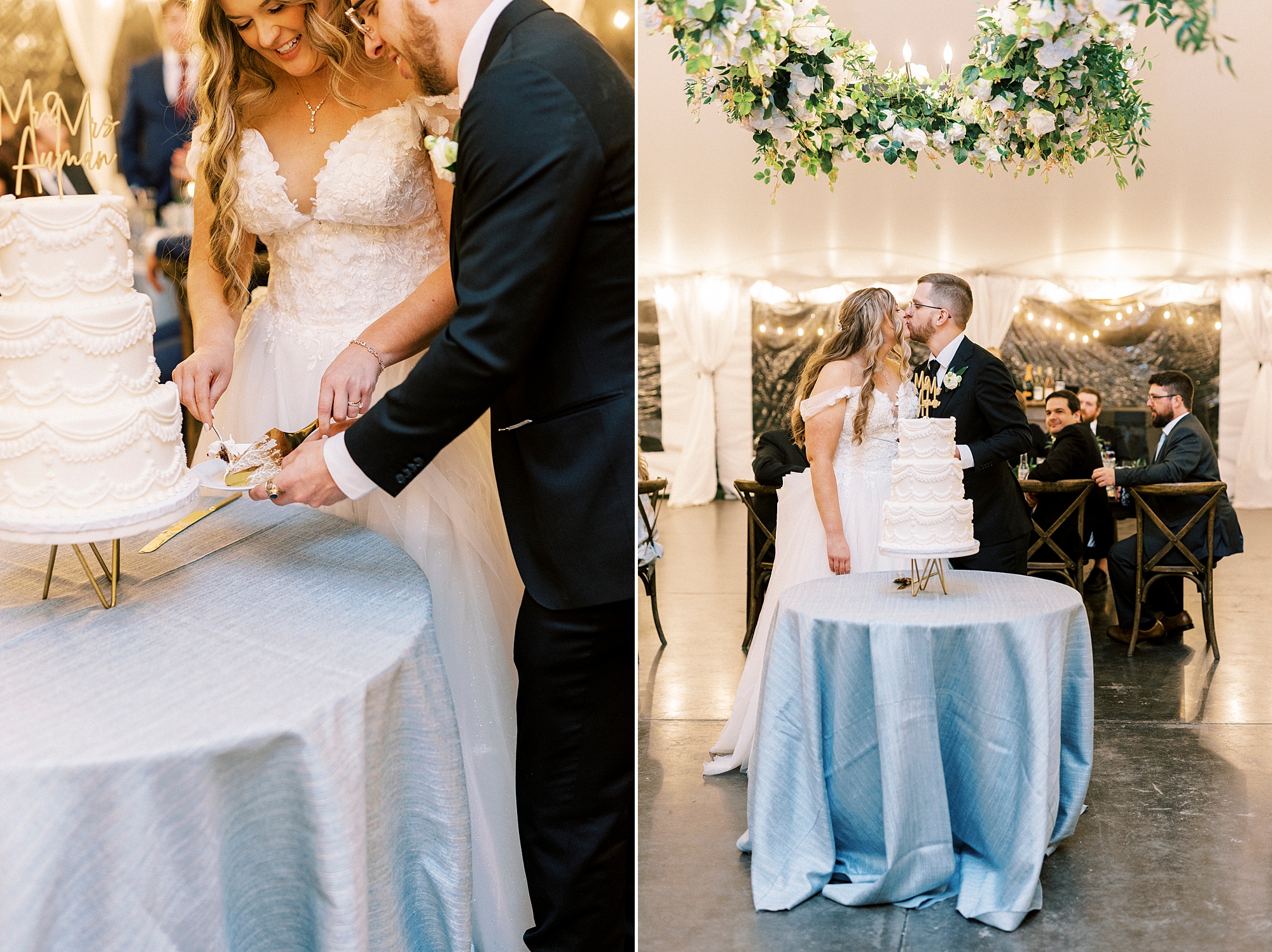 bride and groom cut tiered wedding cake on table with blue table cloth