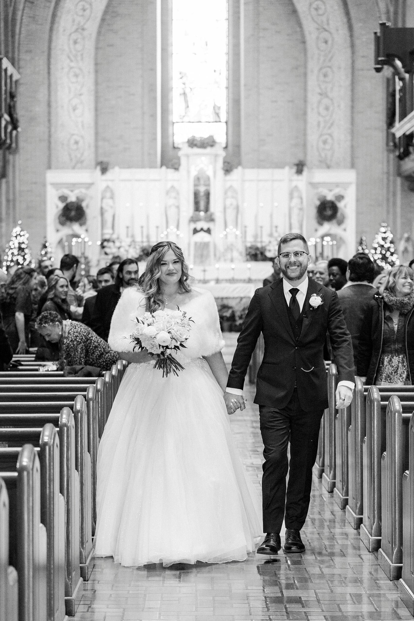 bride and groom walk up aisle for Greensboro NC church wedding