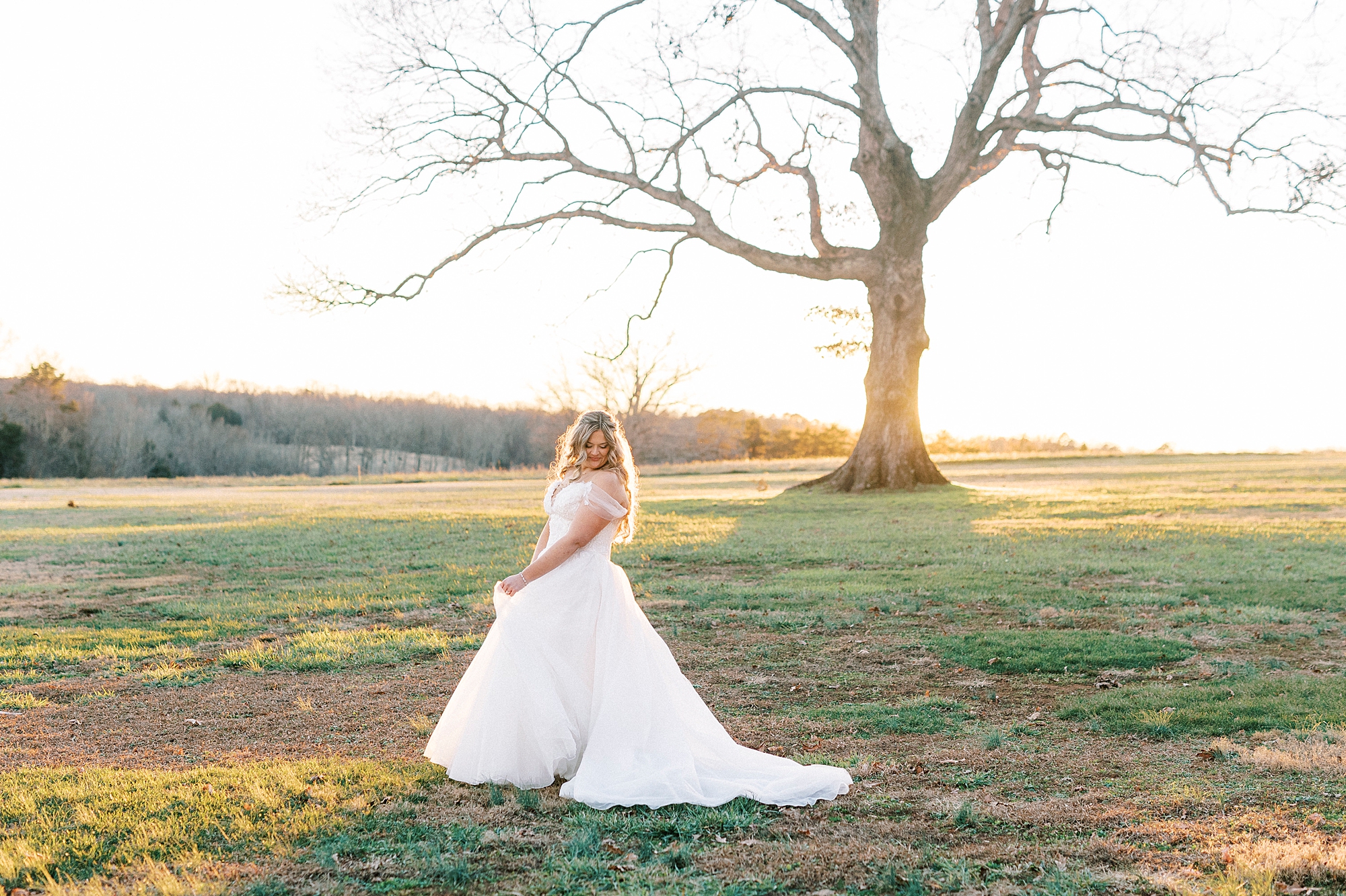bride twirls in wedding dress in front of oak tree at Summerfield Farms