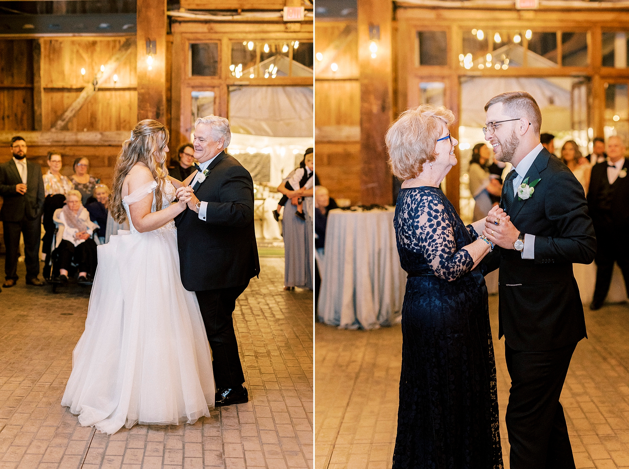 bride and groom dance with parents during reception in barn at Summerfield Farms