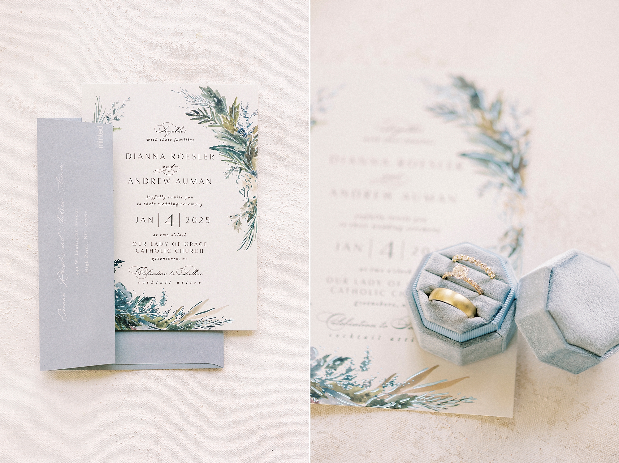 blue, white and green invitation suite with ring box for winter wedding