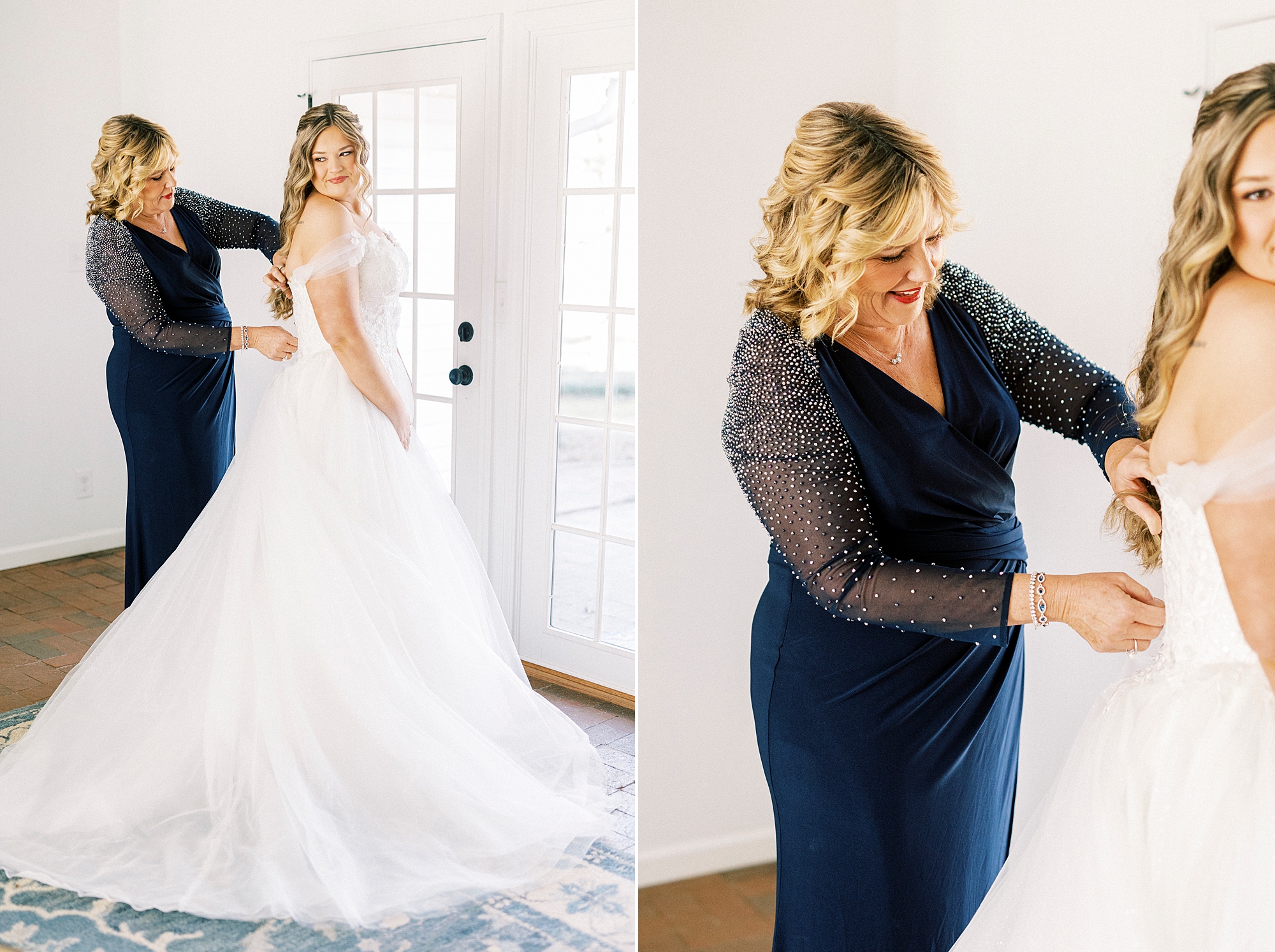 mother helps bride prepare during prep for winter wedding