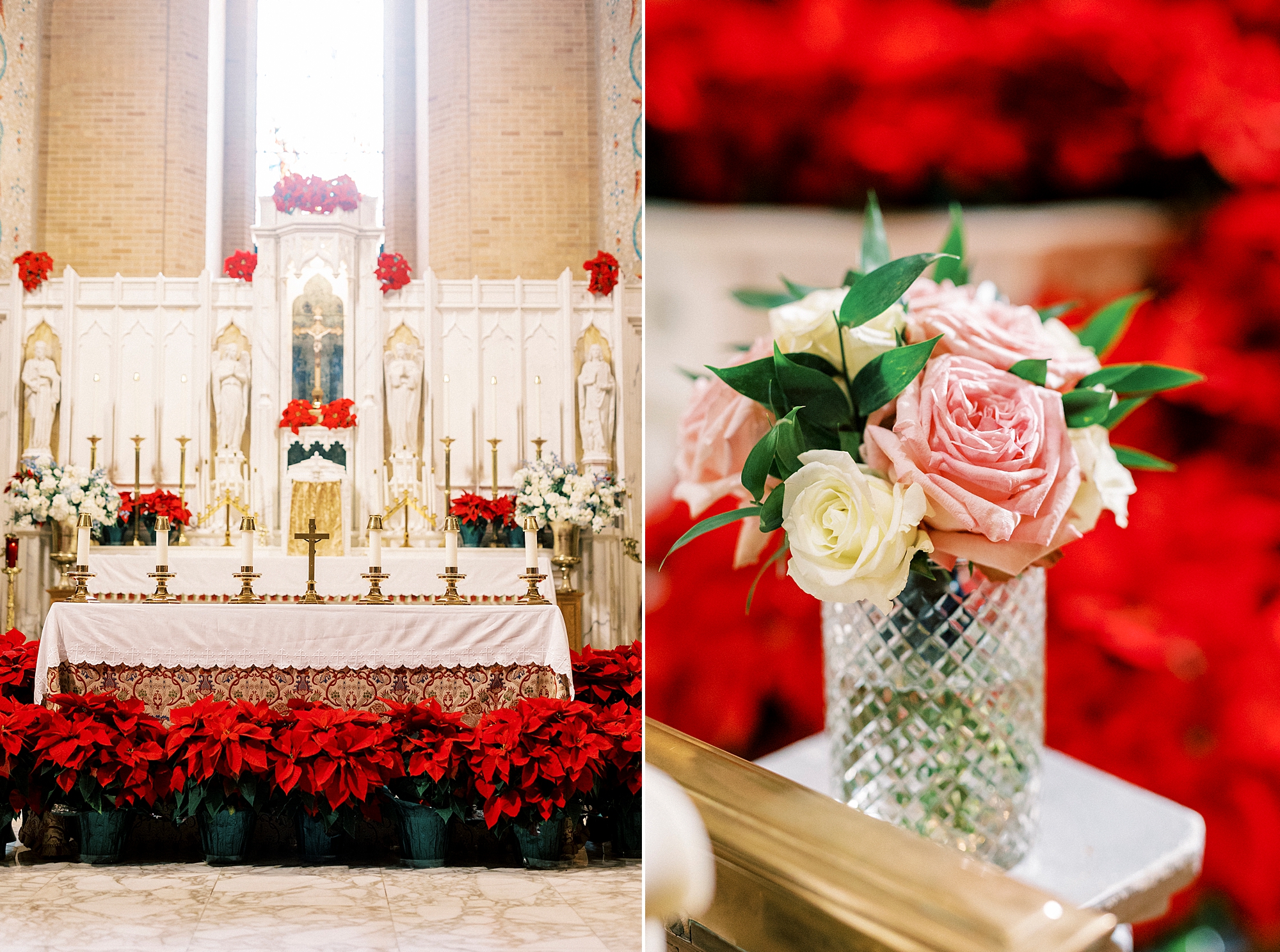 holiday wedding ceremony decor with red poinsettias inside Greensboro NC church