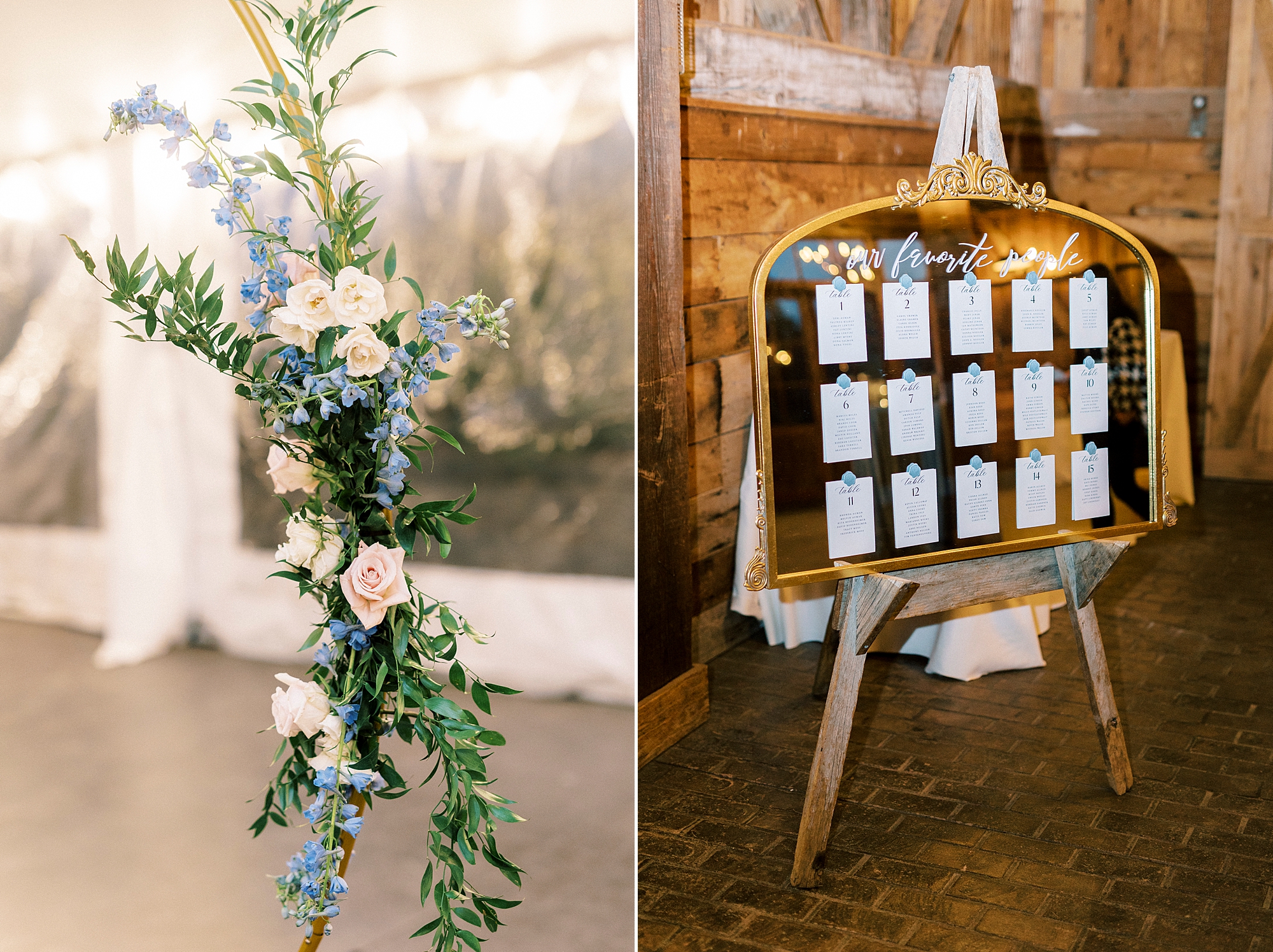 seating chart on mirror with gold frame inside Summerfield Farms