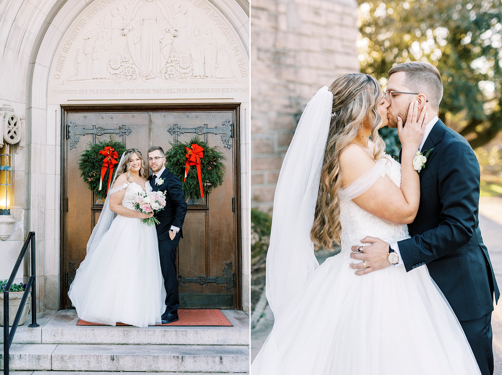 newlyweds stand on front steps of Our Lady of Grace