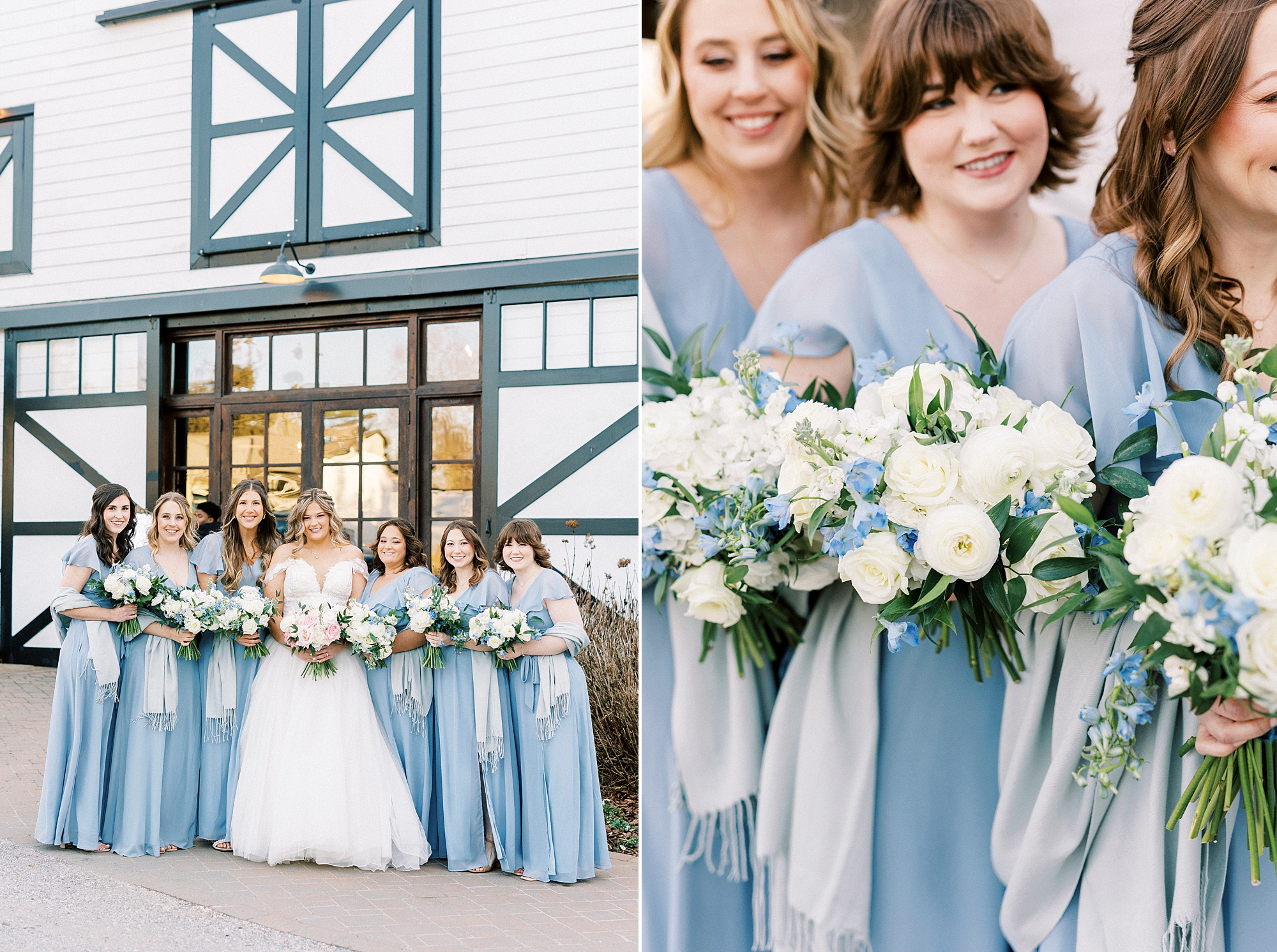 bride and bridesmaids pose outside barn at Summerfield Farms in light blue dresses with pastel bouquets 