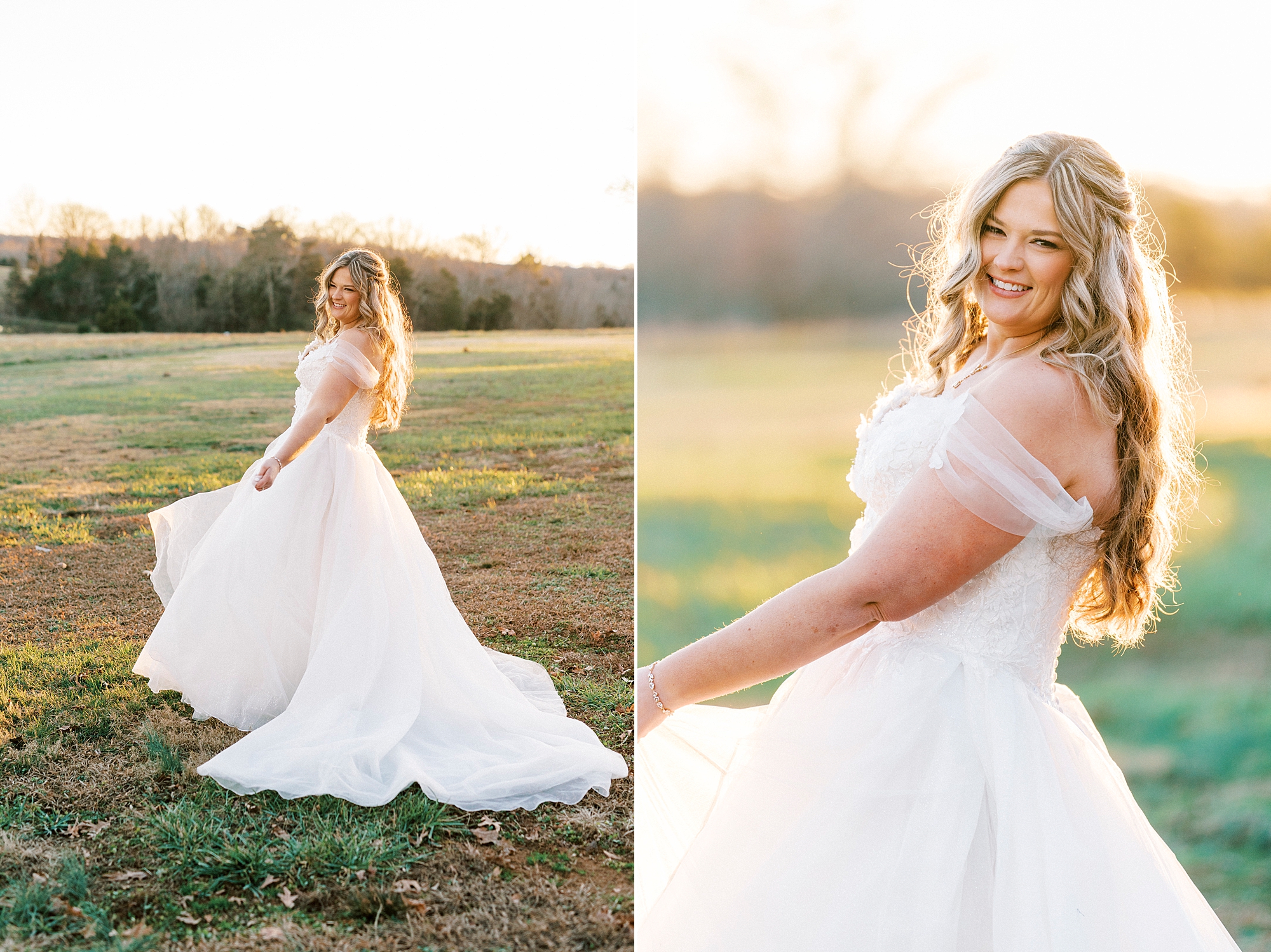 bride twirls in wedding gown at sunset on lawn at Summerfield Farms