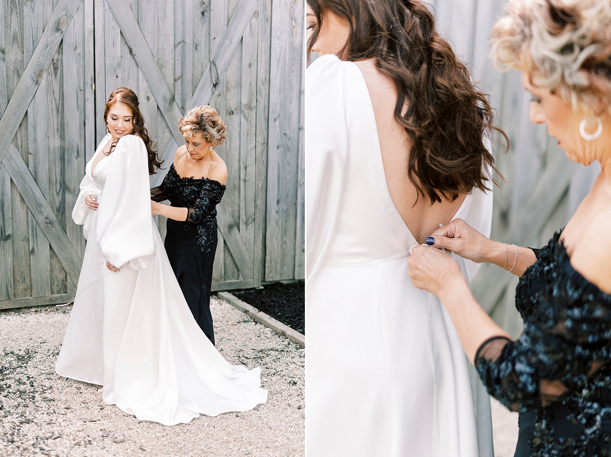 mother helps bride into wedding dress at Sixty Acres Farm