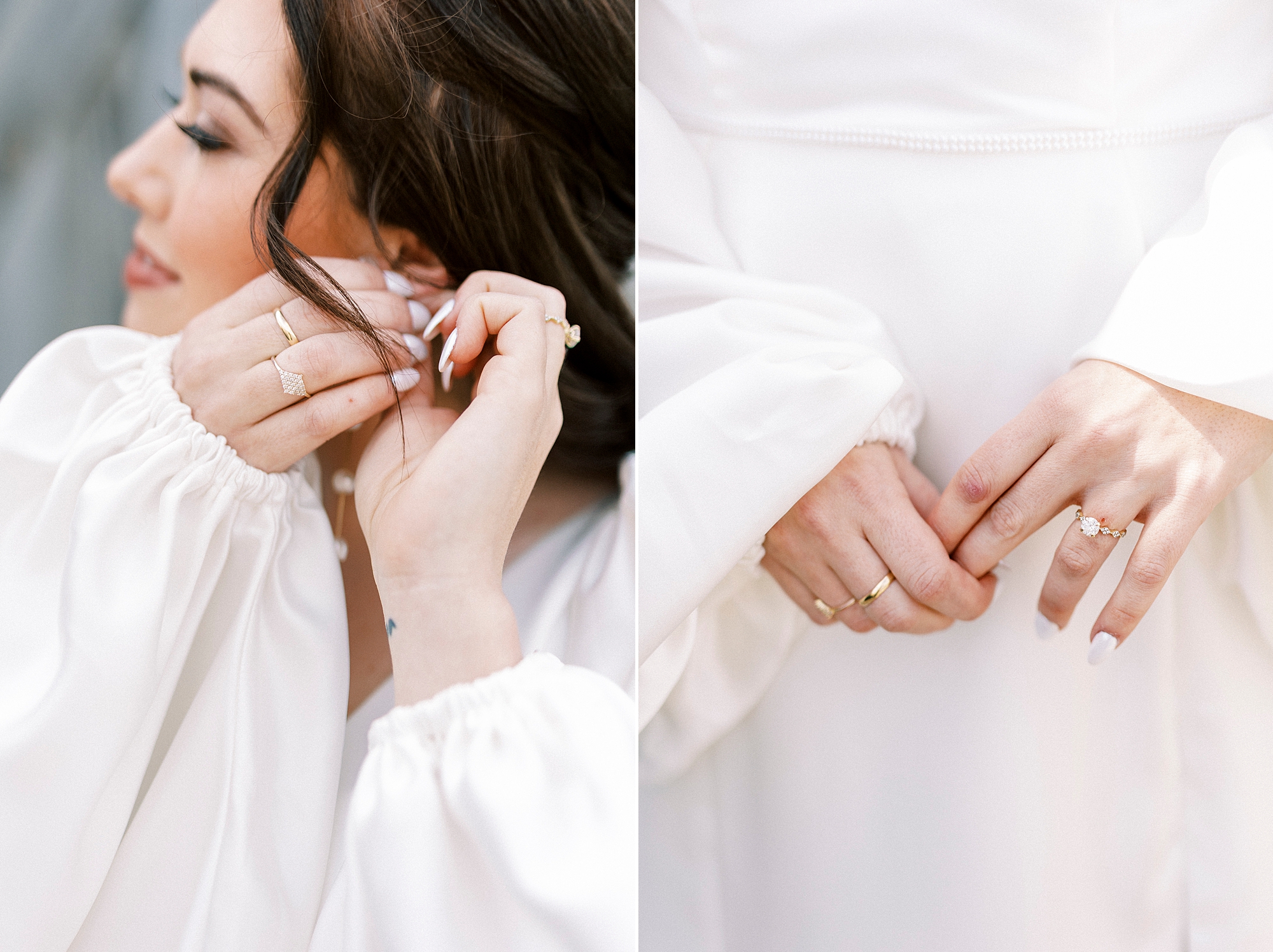 brunette bride adjusts earrings and shows off engagement ring 