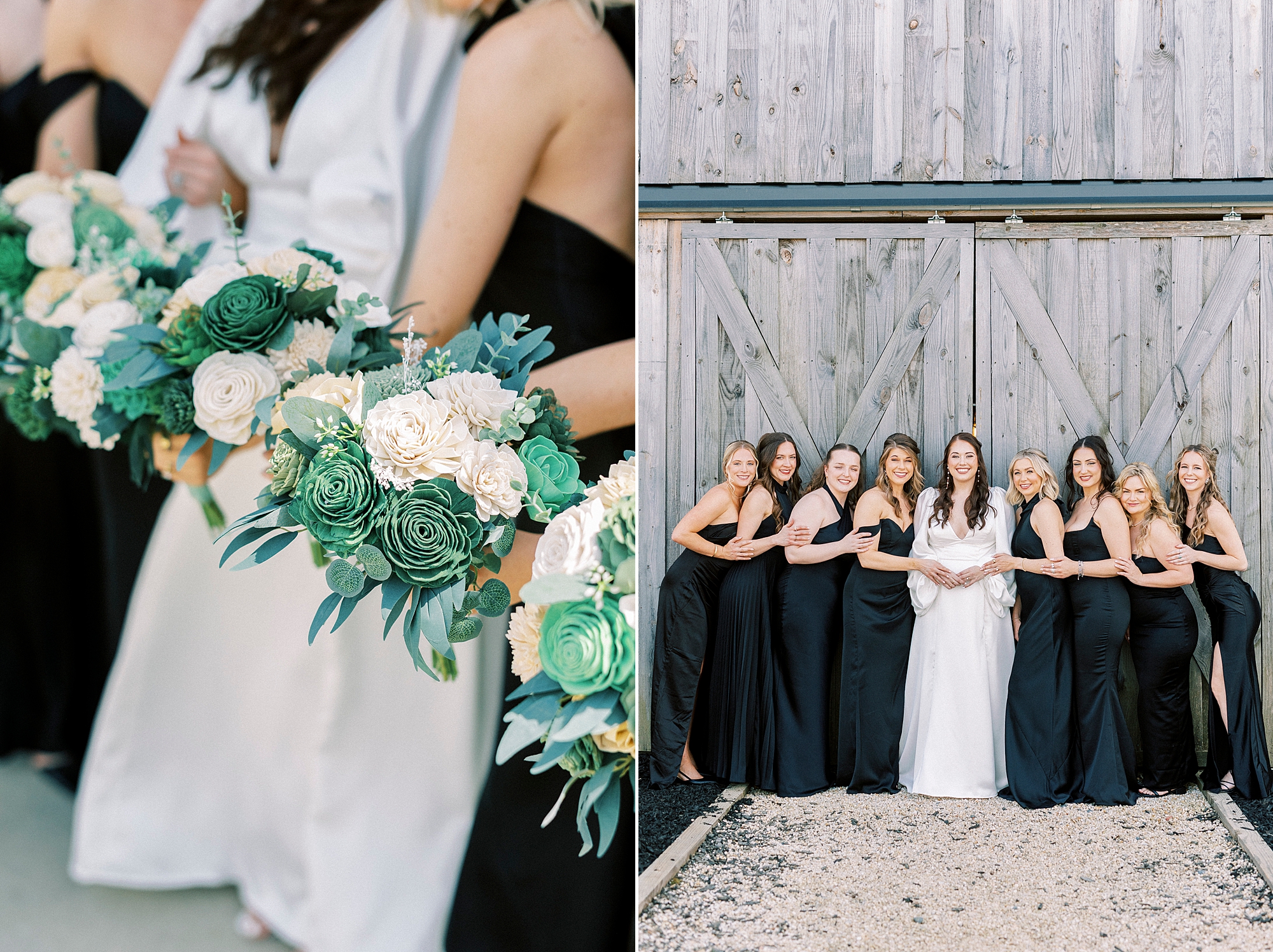 bridesmaids hold bouquets of pink flowers in front of black dresses by barn at Sixty Acres Farm