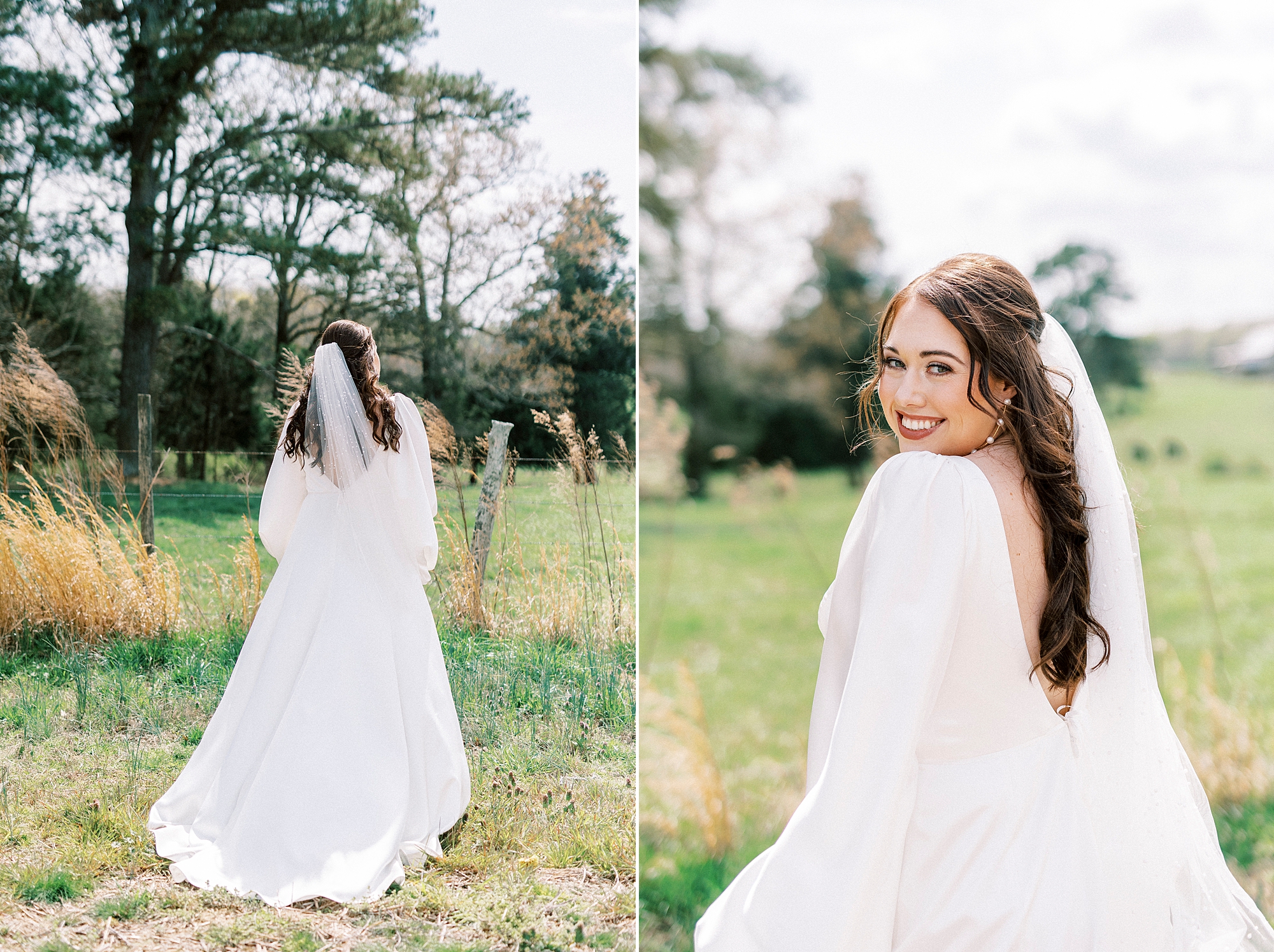 bride smiles over shoulder in long sleeve wedding gown standing in farm pasture 