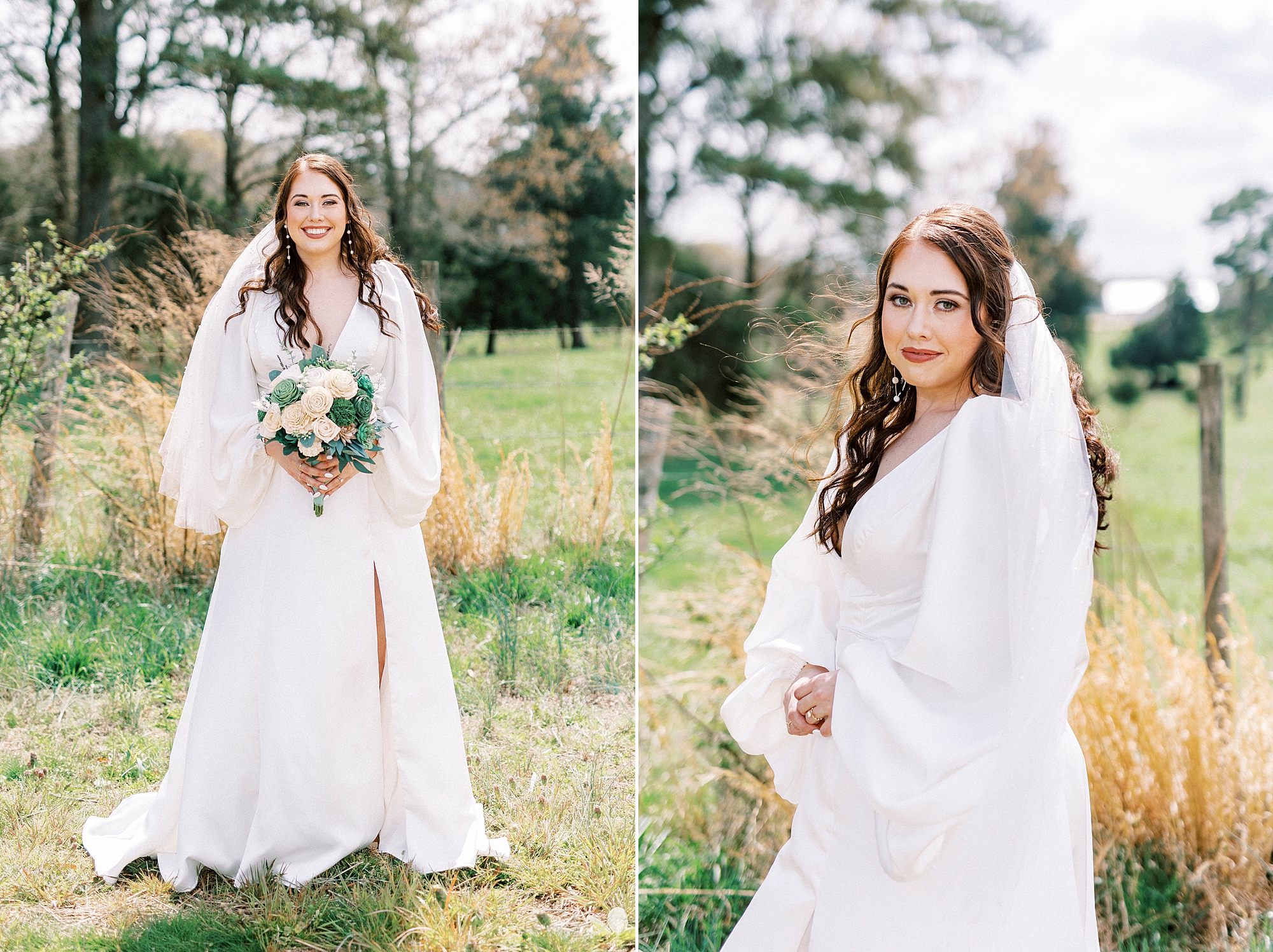 bride poses in wedding gown with long sleeves and veil in pasture at Sixty Acres Farm