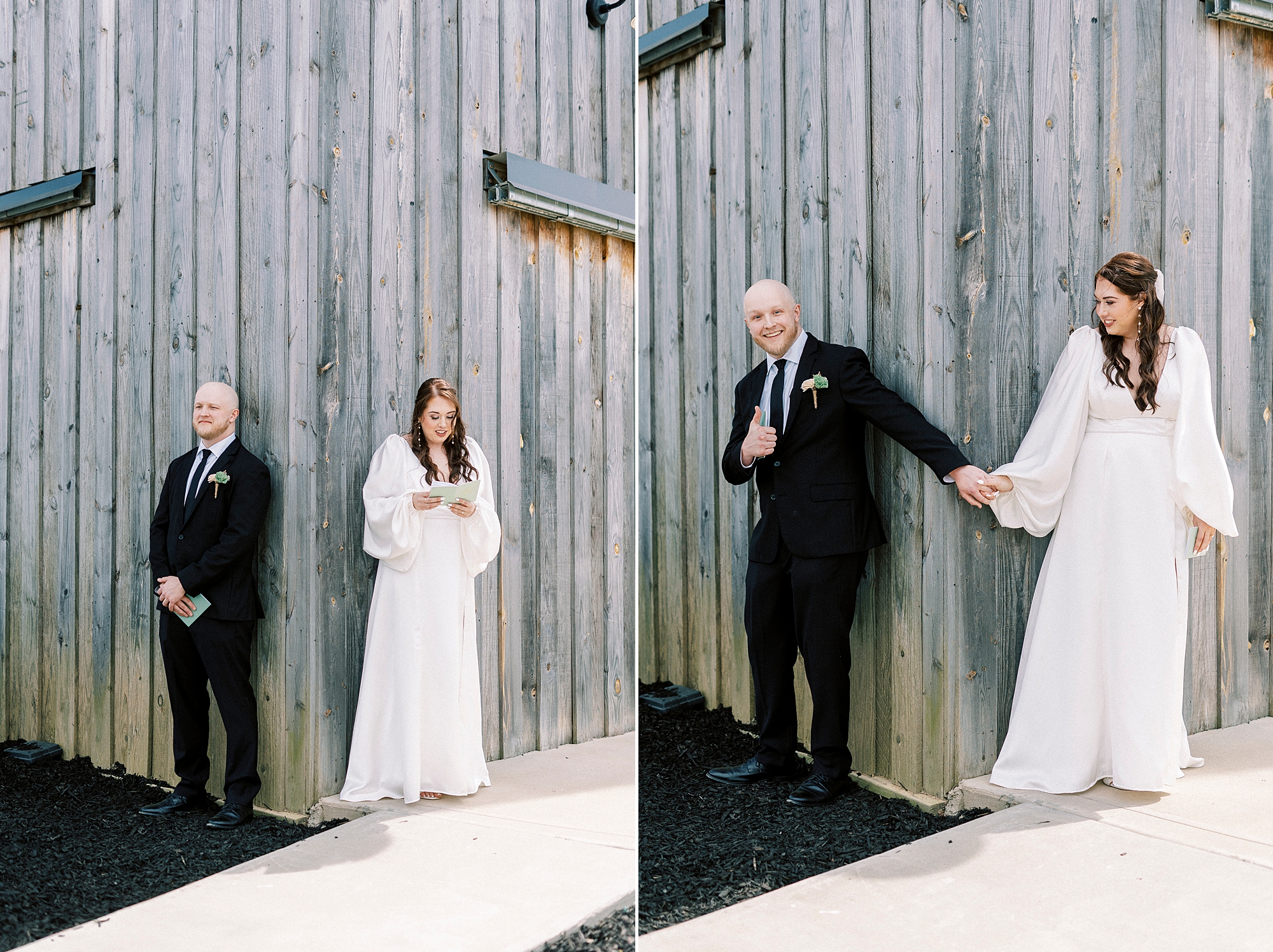 bride and groom hold hands around the corner of the barn at Sixty Acres Farm