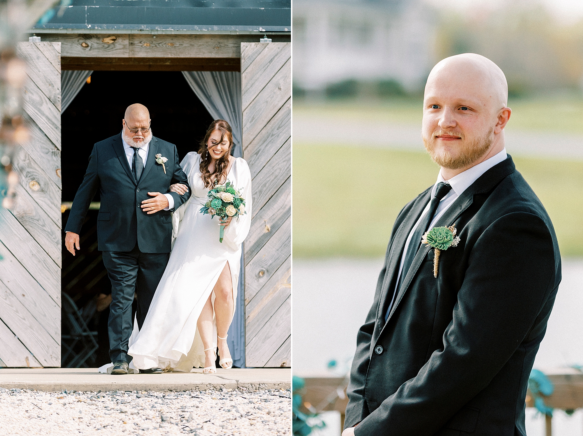 father escorts bride to wedding ceremony on lawn at Sixty Acres Farm