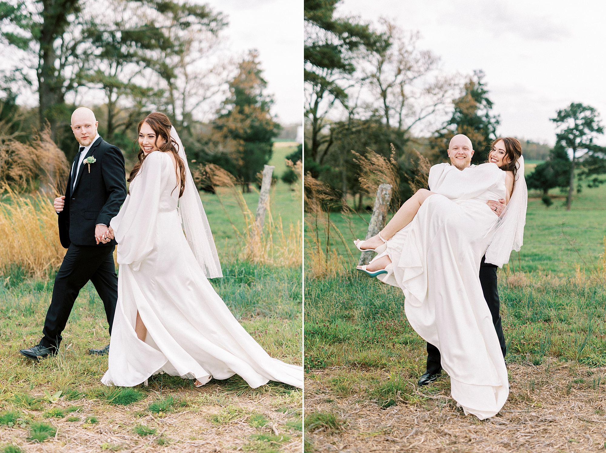 groom lifts up bride standing in pasture at Sixty Acres Farm