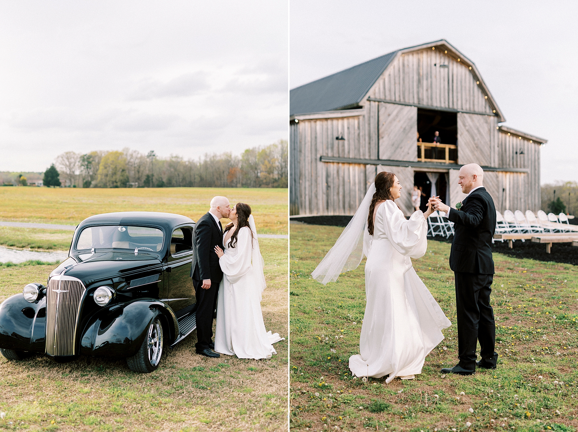 bride and groom toast champagne in front of barn at Sixty Acres Farm