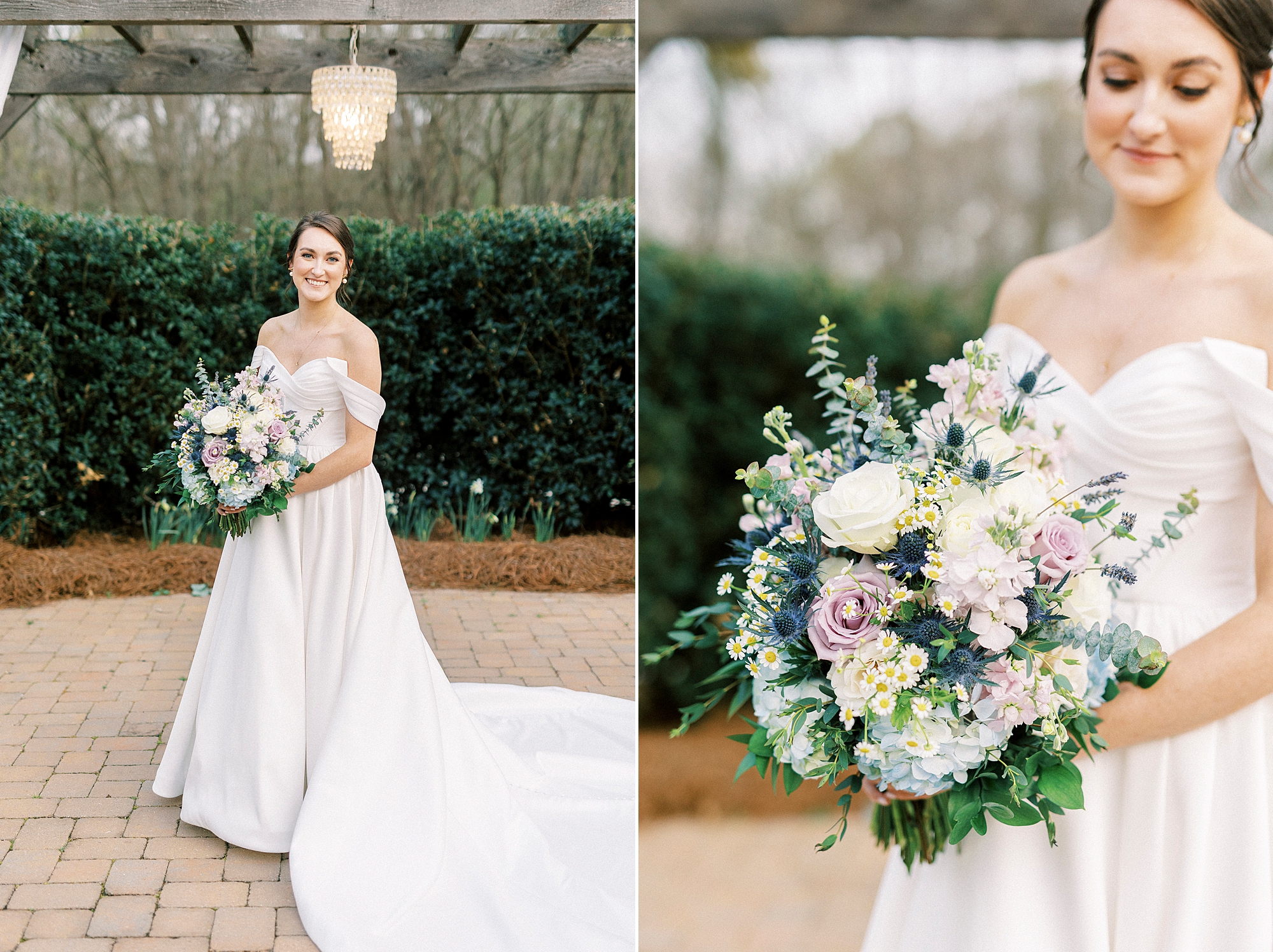 spring bridal portraits under wooden gazebo for bride