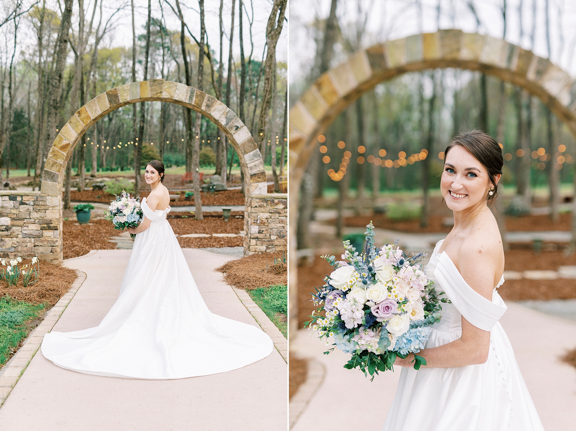 bride walks to stone archway in garden at Low Meadows Estate