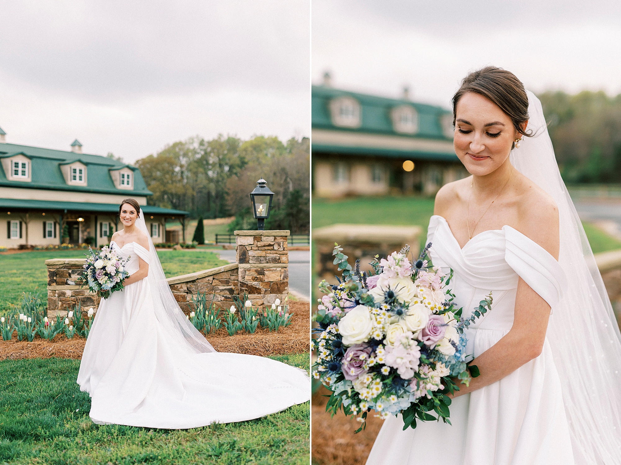 bride looks down at spring bouquet during bridal portraits 