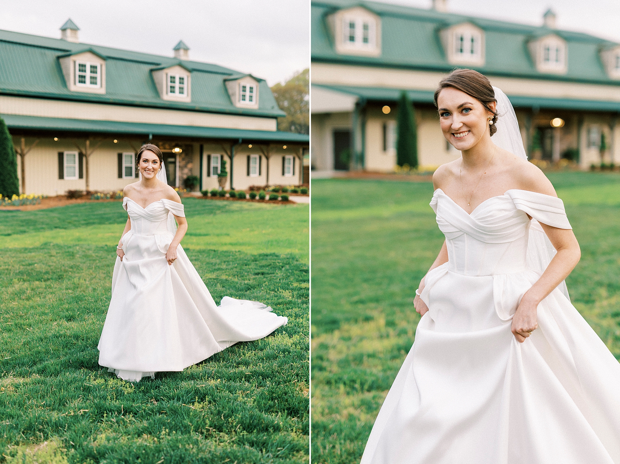 bride lifts skirt and walks down hill away from farmhouse 