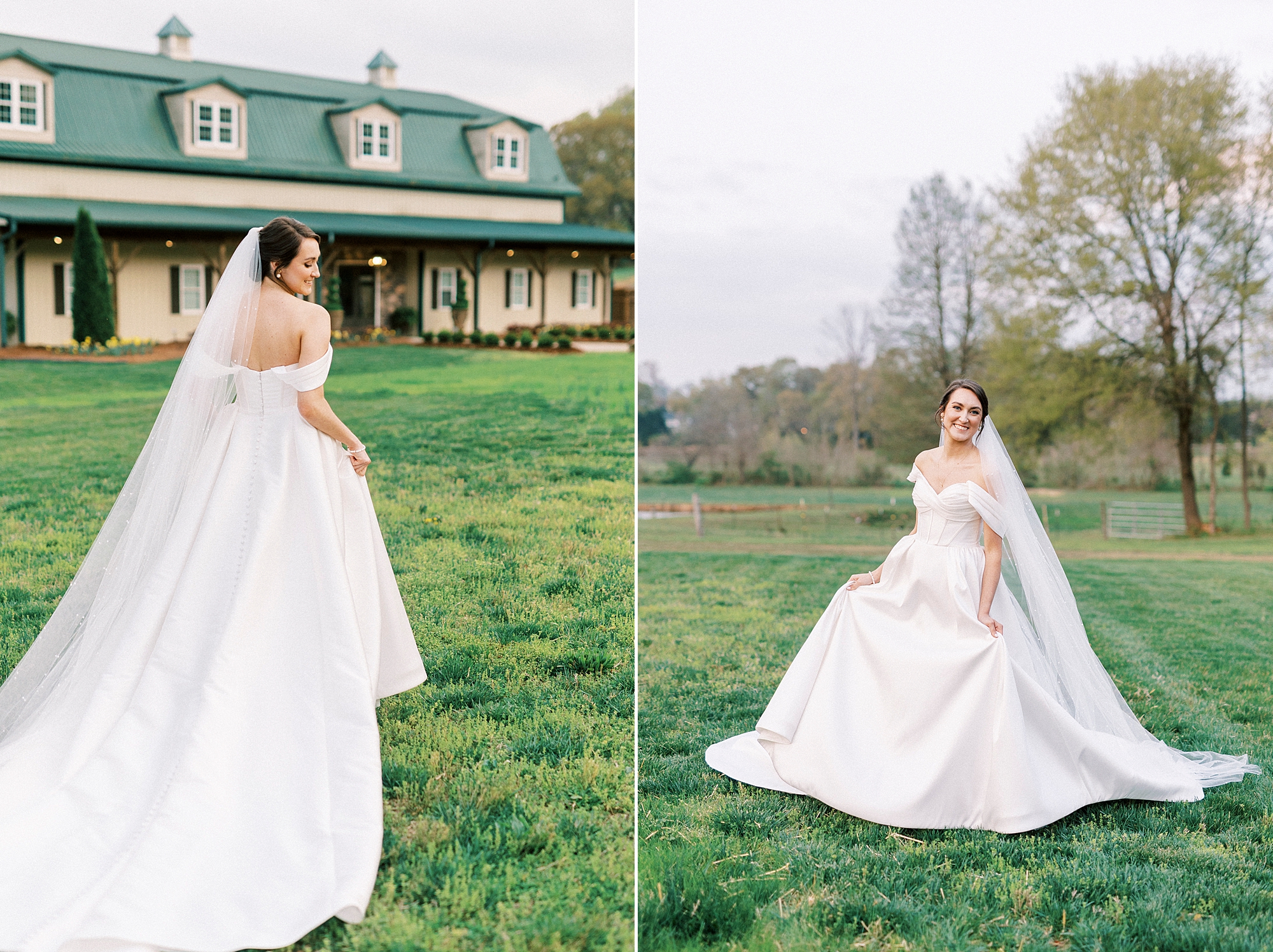 bride twirls on lawn during classic bridal portraits at Low Meadows Estate