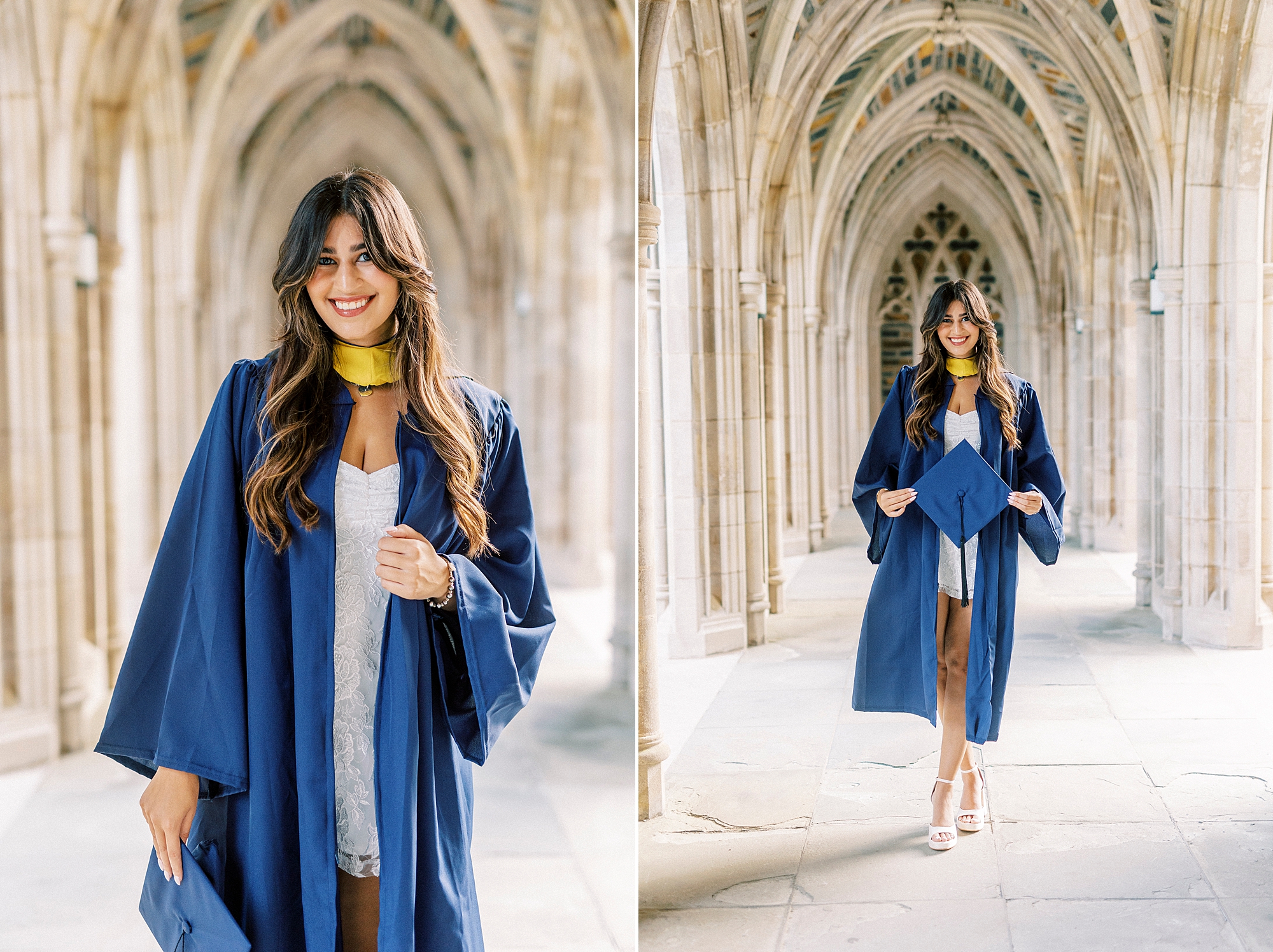college senior poses in blue and yellow cap and gown in arches of Duke Chapel