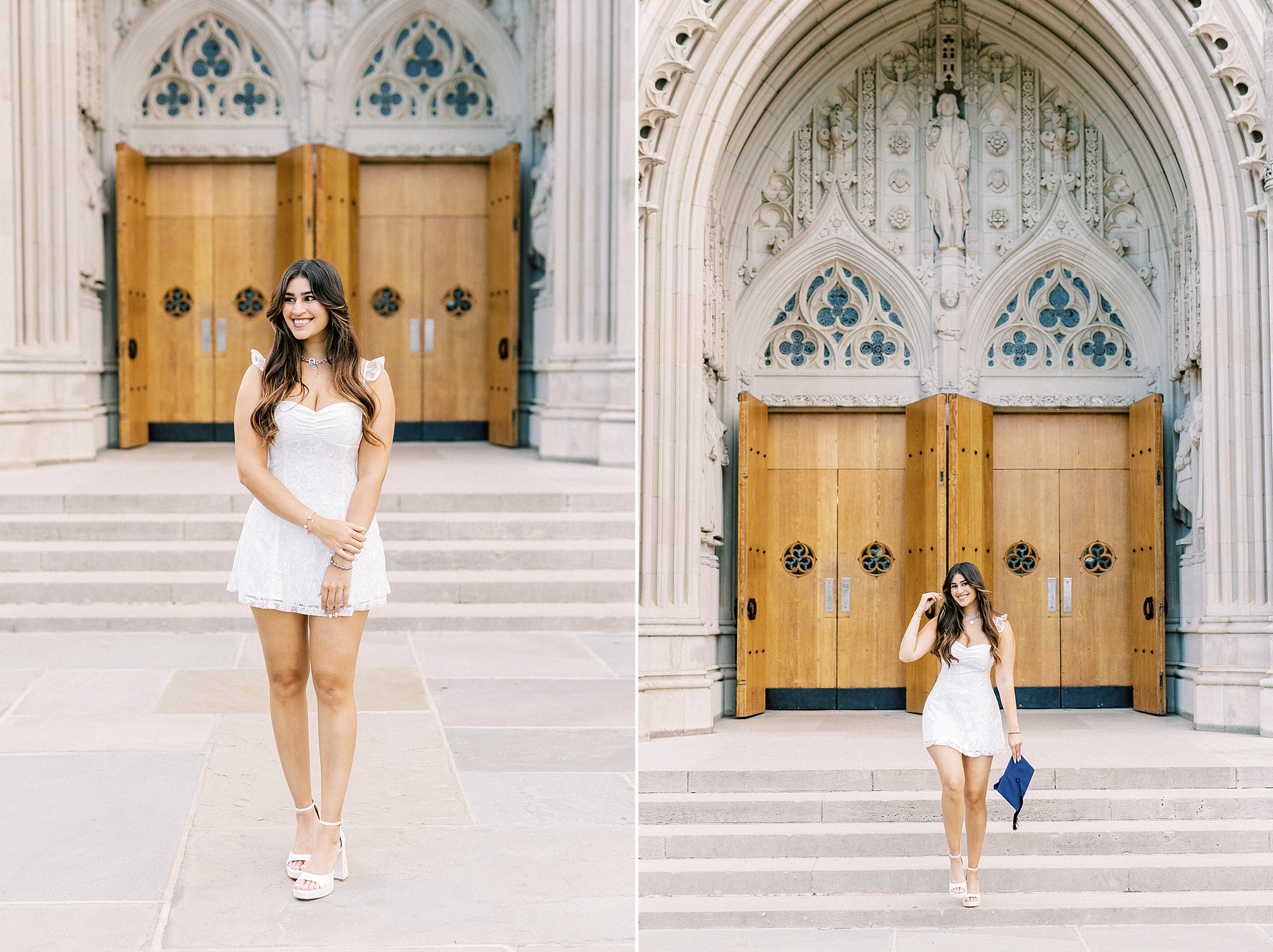 woman in white dress poses outside wooden doors at Duke Chapel