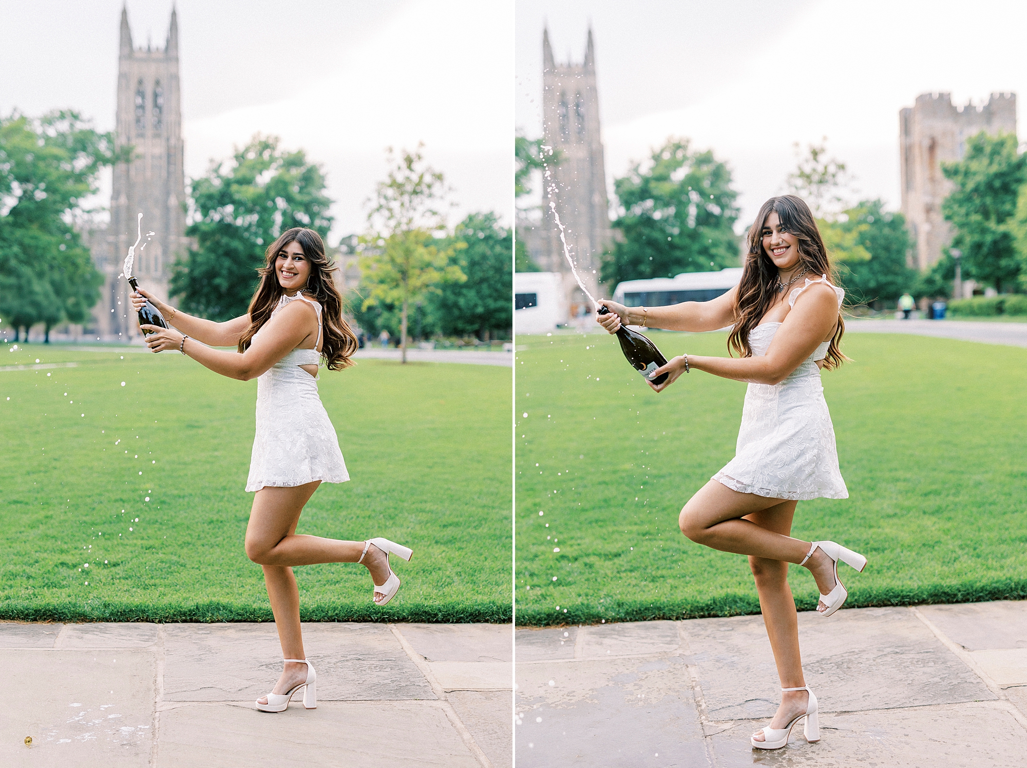 woman in white dress pops Champagne during Duke Chapel graduation portraits